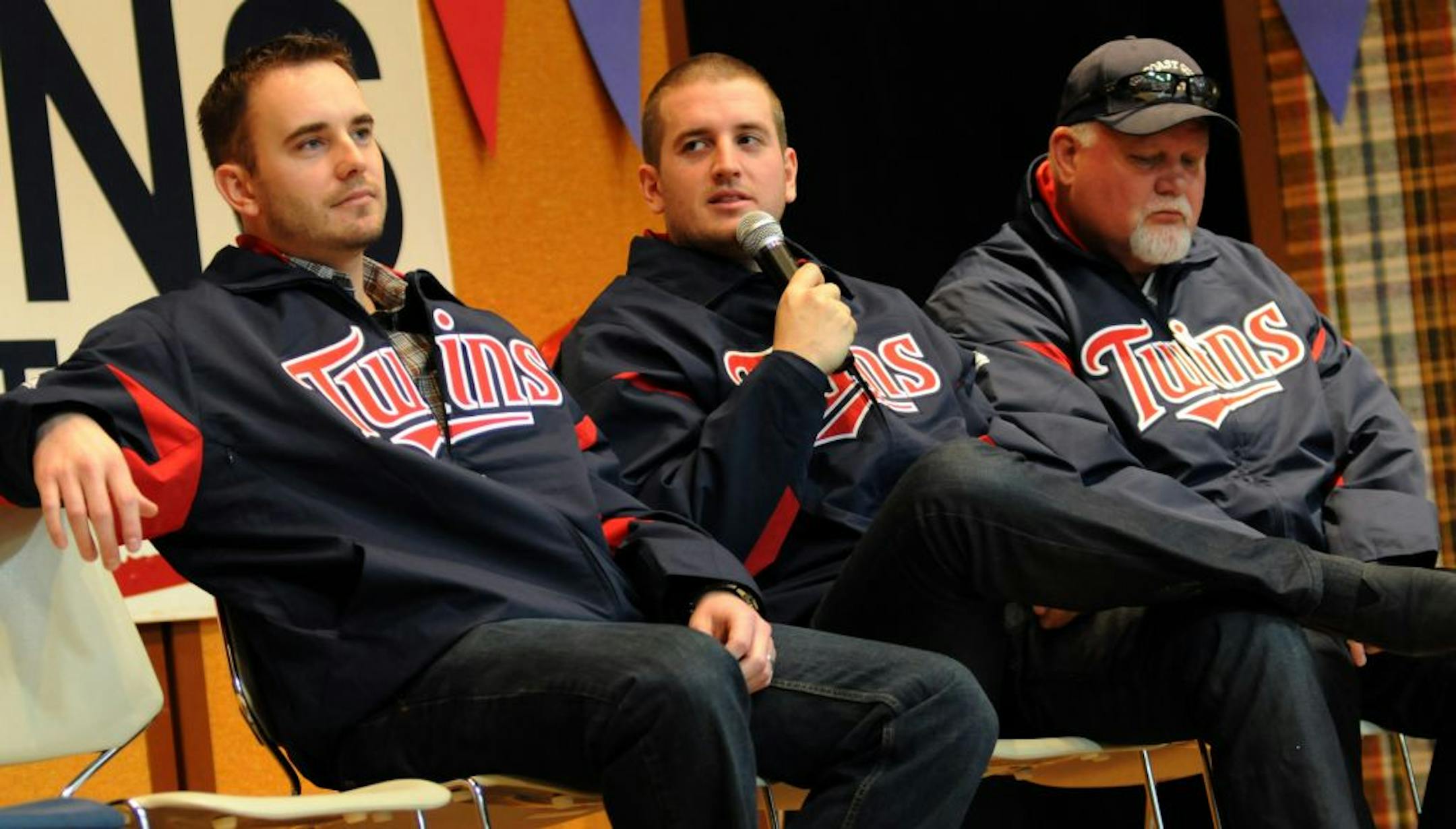 Glen Perkins, middle, took the stage with fellow pitcher Brian Duensing and manager Ron Gardenhire during the Twins caravan stop last week in Sauk Centre, Minn. Of Gardenhire, Perkins said: "I have nothing but respect for him."