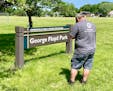 A maintenance worker documented the altered sign at George Todd Park in Minneapolis on Sunday, June 14.