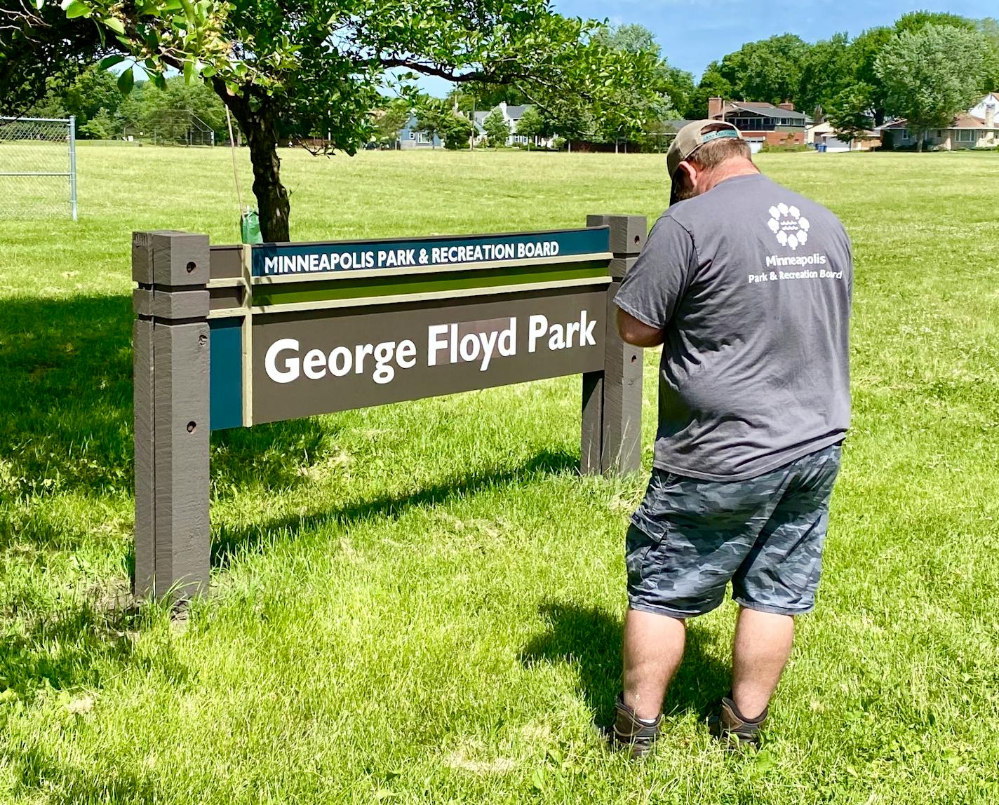 A maintenance worker documented the altered sign at George Todd Park in Minneapolis on Sunday, June 14.