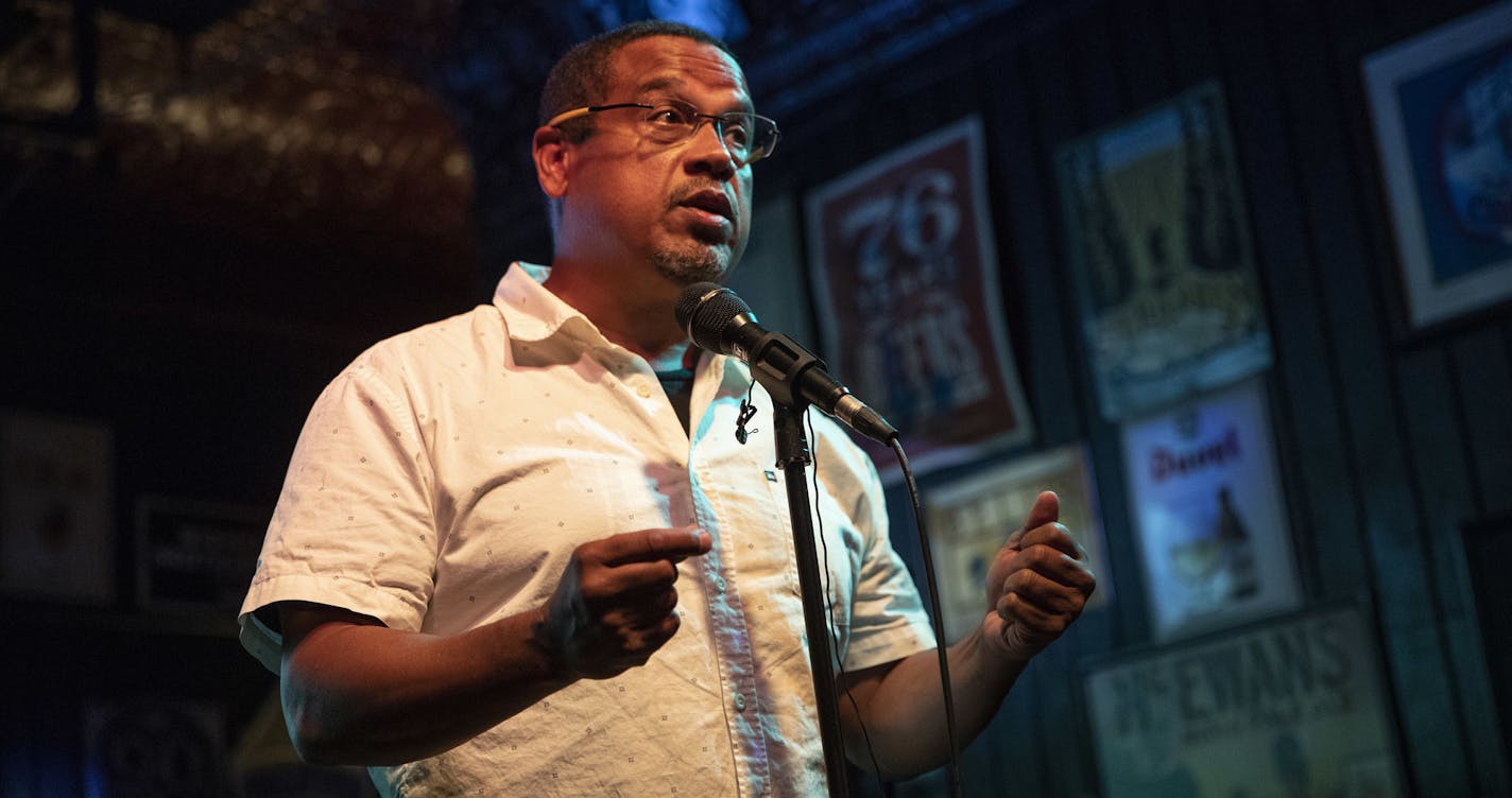 Rep. Keith Ellison speaks to supporters after winning the Democratic nomination for Attorney General during his primary party at Nomad World Pub, Tuesday, Aug. 14, 2018, in Minneapolis. (Renee Jones Schneider/Star Tribune via AP)