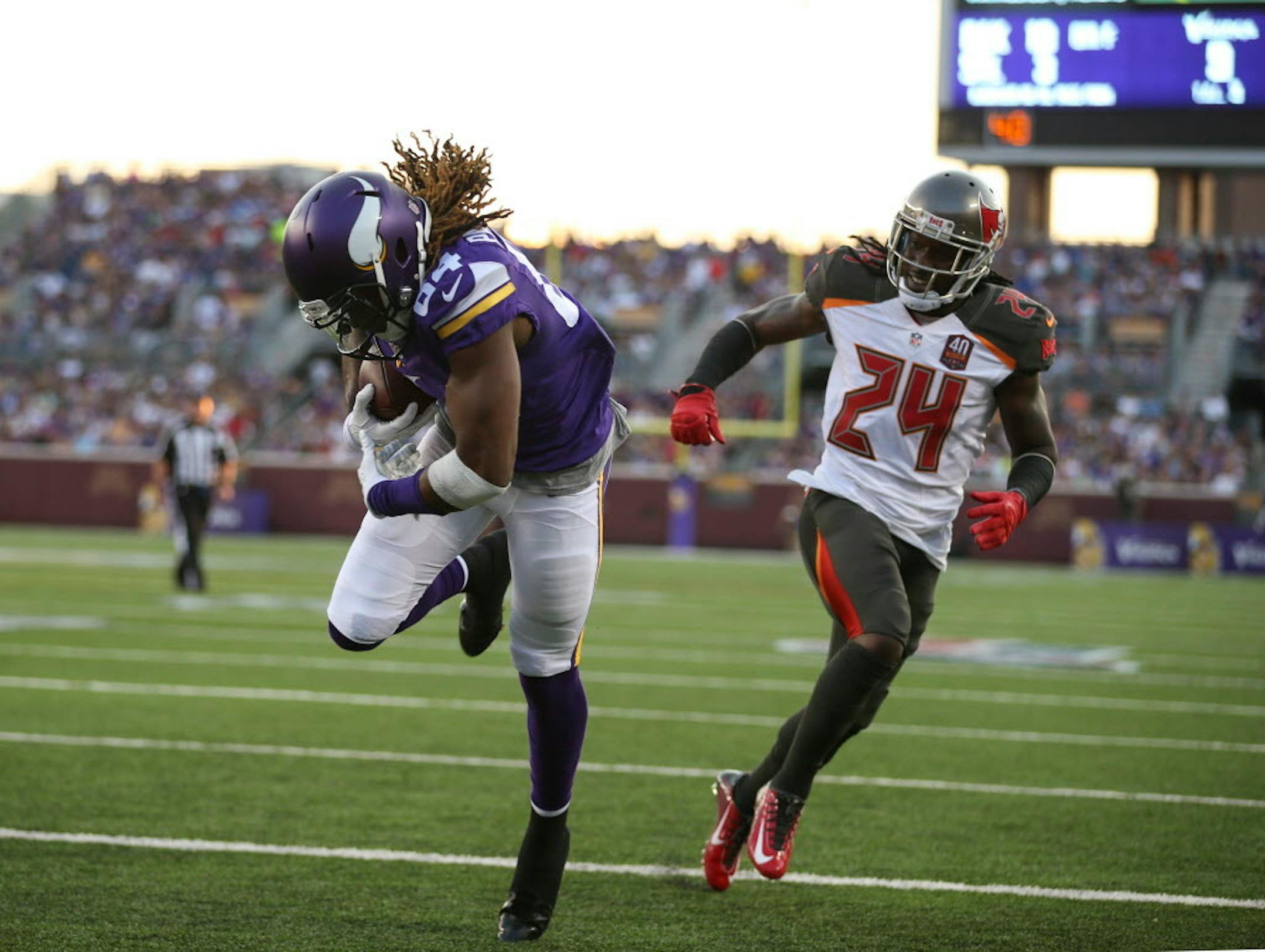 Vikings wide receiver Cordarrelle Patterson (84) beat Buccaneers cornerback Mike Jenkins (24) for a 21 yard touchdown reception in the second quarter at TCF Bank Stadium Saturday night. ] JEFF WHEELER � jeff.wheeler@startribune.com The Minnesota Vikings played their first home preseason game against the Tampa Bay Buccaneers Saturday night at TCF Bank Stadium in Minneapolis.