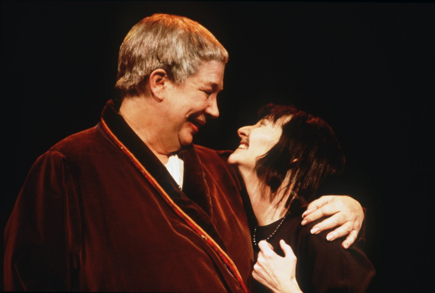 Claudia Wilkens (at left, with Caesar-like blond hair) stars as Gertrude Stein, and Barbara Kingsley (right, black mop) as her companion Alice B. Toklas, in the Jungle Theater production of "Gertrude Stein and A Companion," Jan-Feb-March 2001.