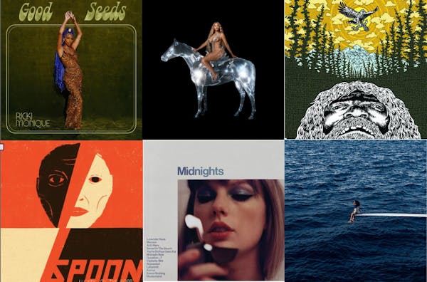 Our critics favorite albums of 2022 included ones by (top from left) Ricki Monique, Beyoncé, Eleganza and (bottom from left) Spoon, What’s Her Name