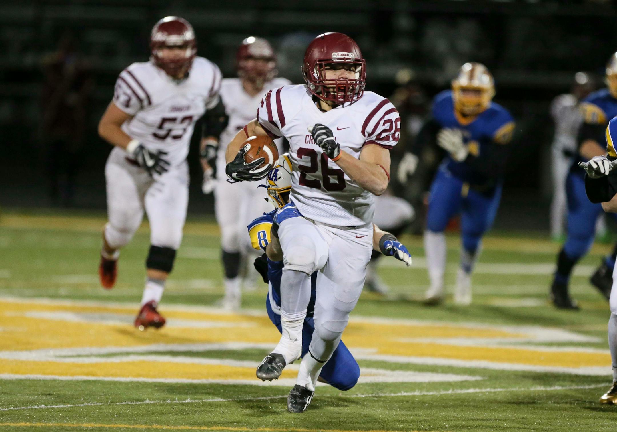 Maple Grove's Evan Hull (26) ran 104 yards against St. Michael-Albertville. ] RENEE JONES SCHNEIDER • renee.jones@startribune.com Class 6A quarterfinals between St. Michael-Albertville and Maple Grove on Thursday, November 9, 2017, in Brooklyn Park, Minn.