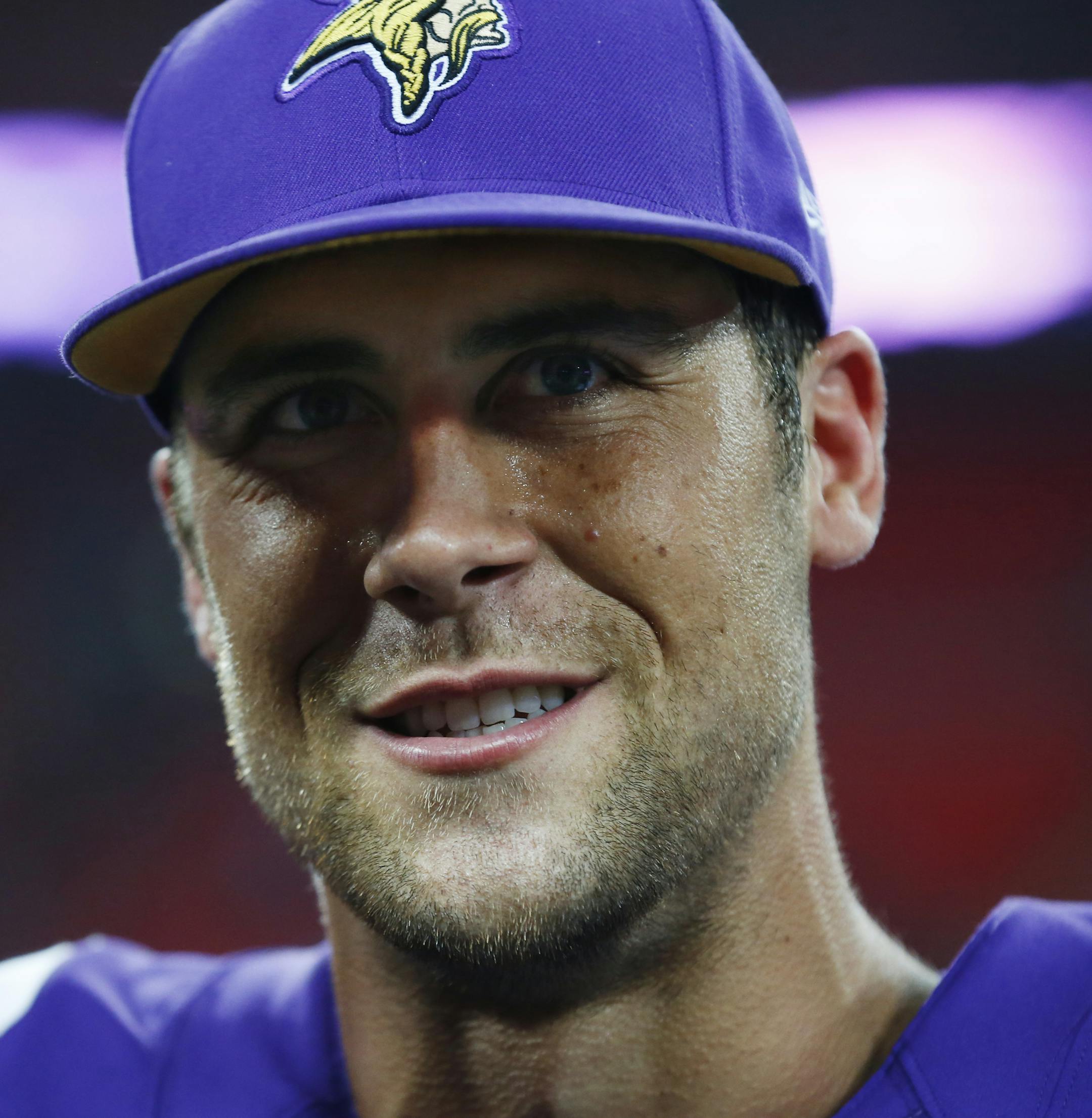 Minnesota Vikings quarterback Matt Cassel speaks to a reporter following their NFL football game against the Pittsburgh Steelers at Wembley Stadium, London, Sunday,Sept. 29, 2013. The Vikings defeated the Steelers 34-27. (AP Photo/Matt Dunham) ORG XMIT: LMD10X