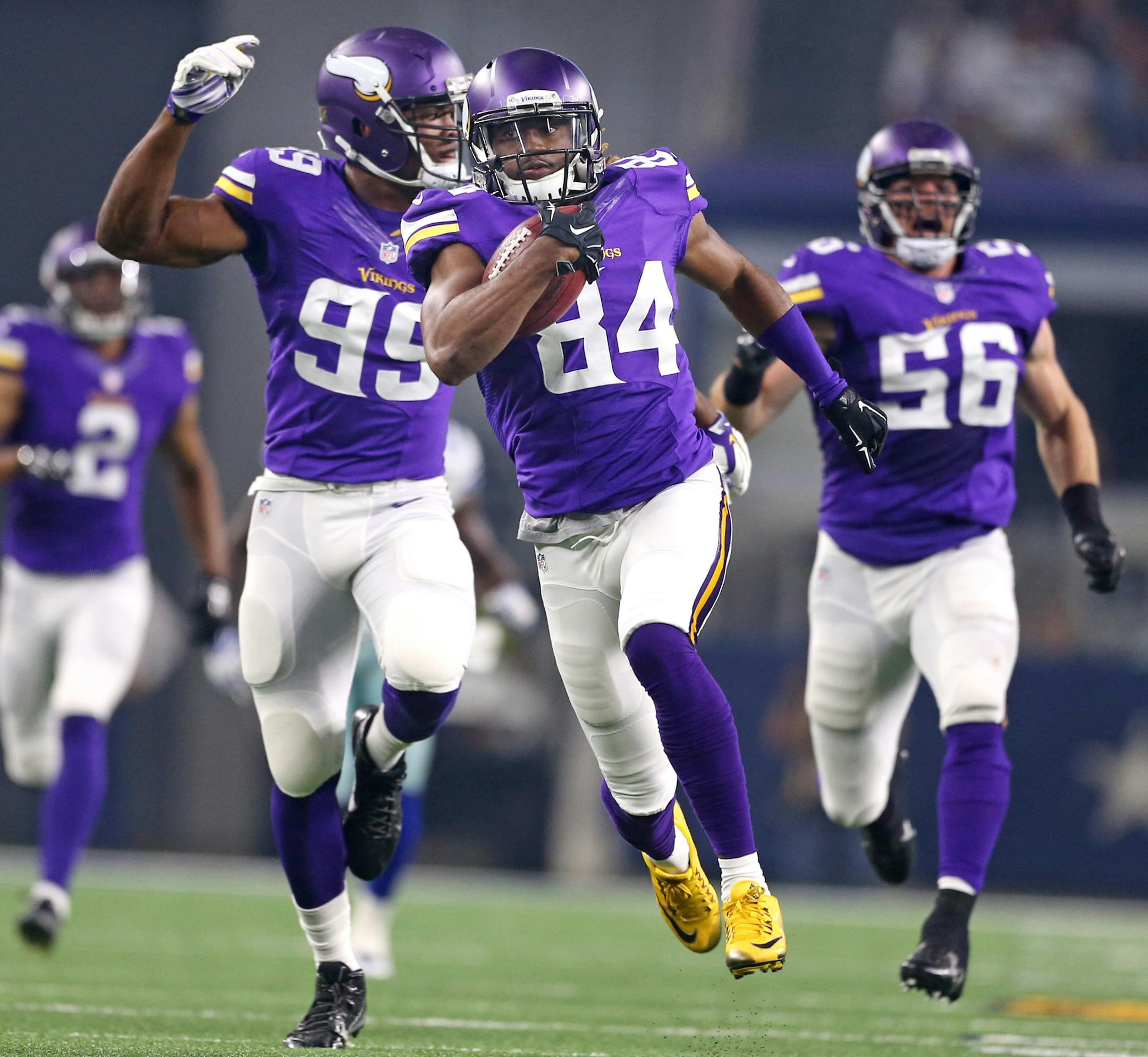 Minnesota Vikings wide receiver Cordarrelle Patterson (84) returned a touch down on a kick off in the second quarter .The Dallas Cowboys played the Minnesota Vikings at AT&T Stadium Saturday August 29 2015 in Arlington, TX. ] Jerry Holt/ Jerry.Holt@Startribune.com