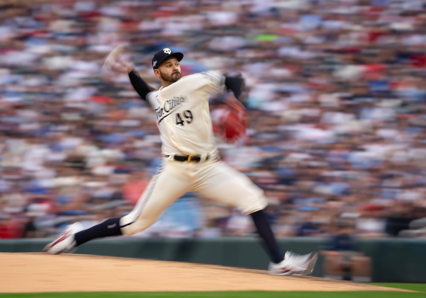 Minnesota Twins starting pitcher Pablo Lopez throwing against Toronto in the sixth inning. The Minnesota Twins defeated the Toronto Blue Jays 3-1 in Game 1 of their American League Wild Card Series Tuesday afternoon, October 3, 2023 at Target Field in Minneapolis. ] JEFF WHEELER • jeff.wheeler@startribune.com