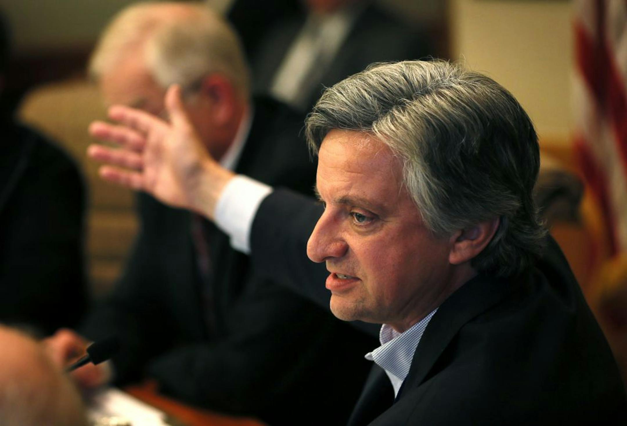 At a packed, standing room only meeting of the MAC, residents of S. Minneapolis and Edina voiced their opposition to major shift in the flight patterns of airliners departing Minneapolis-St. Paul International Airport. Here, Daniel Boivin Chair of the Metropolitan Airports Commission.