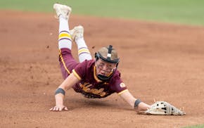 Hawley first baseman Addison Sanvik narrowly misses a ground ball in the first inning against St. Cloud Cathedral in the Class 2A final Friday at Jane