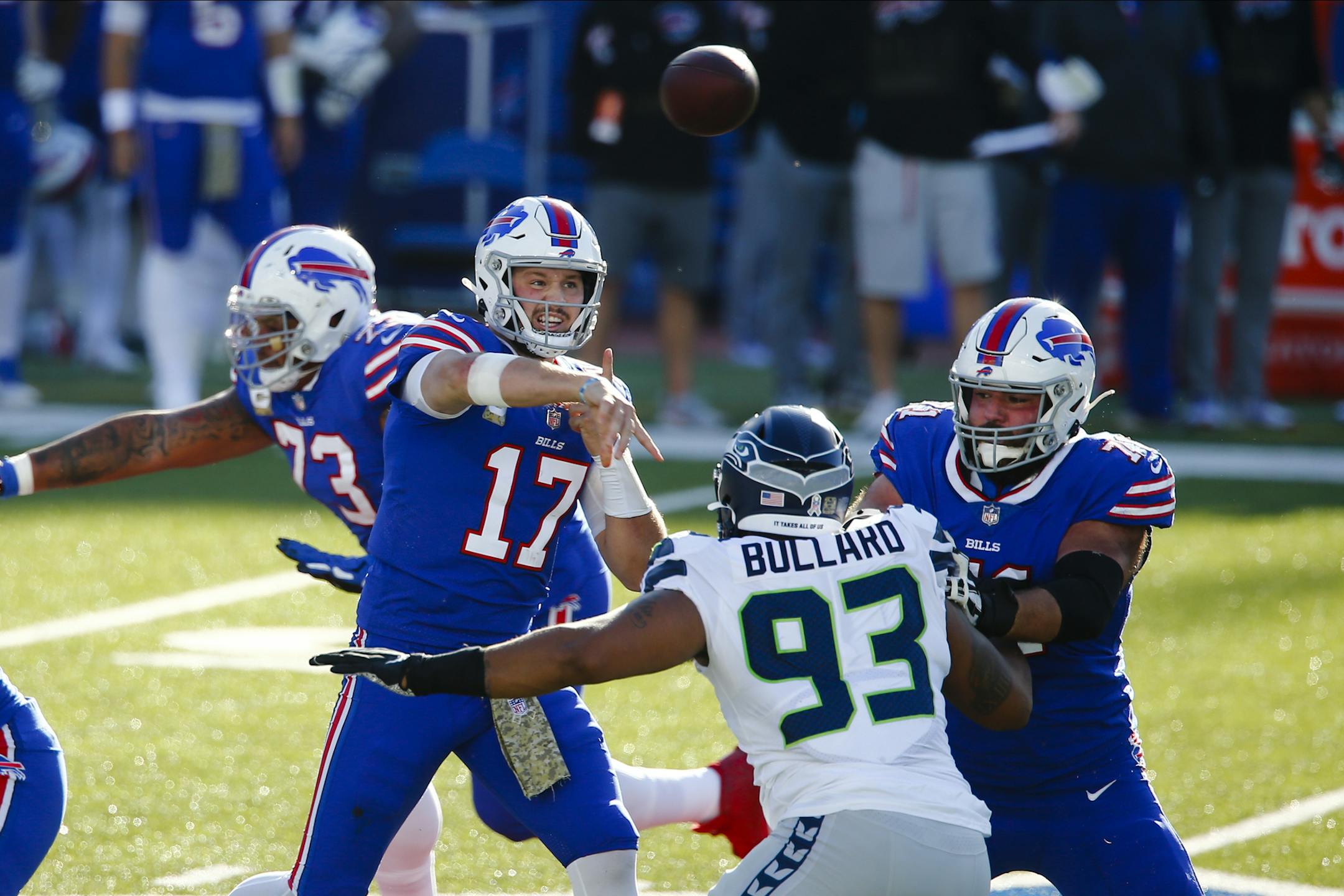 Buffalo Bills quarterback Josh Allen (17) throws a pass during the first half of an NFL football game against the Seattle Seahawks Sunday, Nov. 8, 2020, in Orchard Park, N.Y. (AP Photo/John Munson)