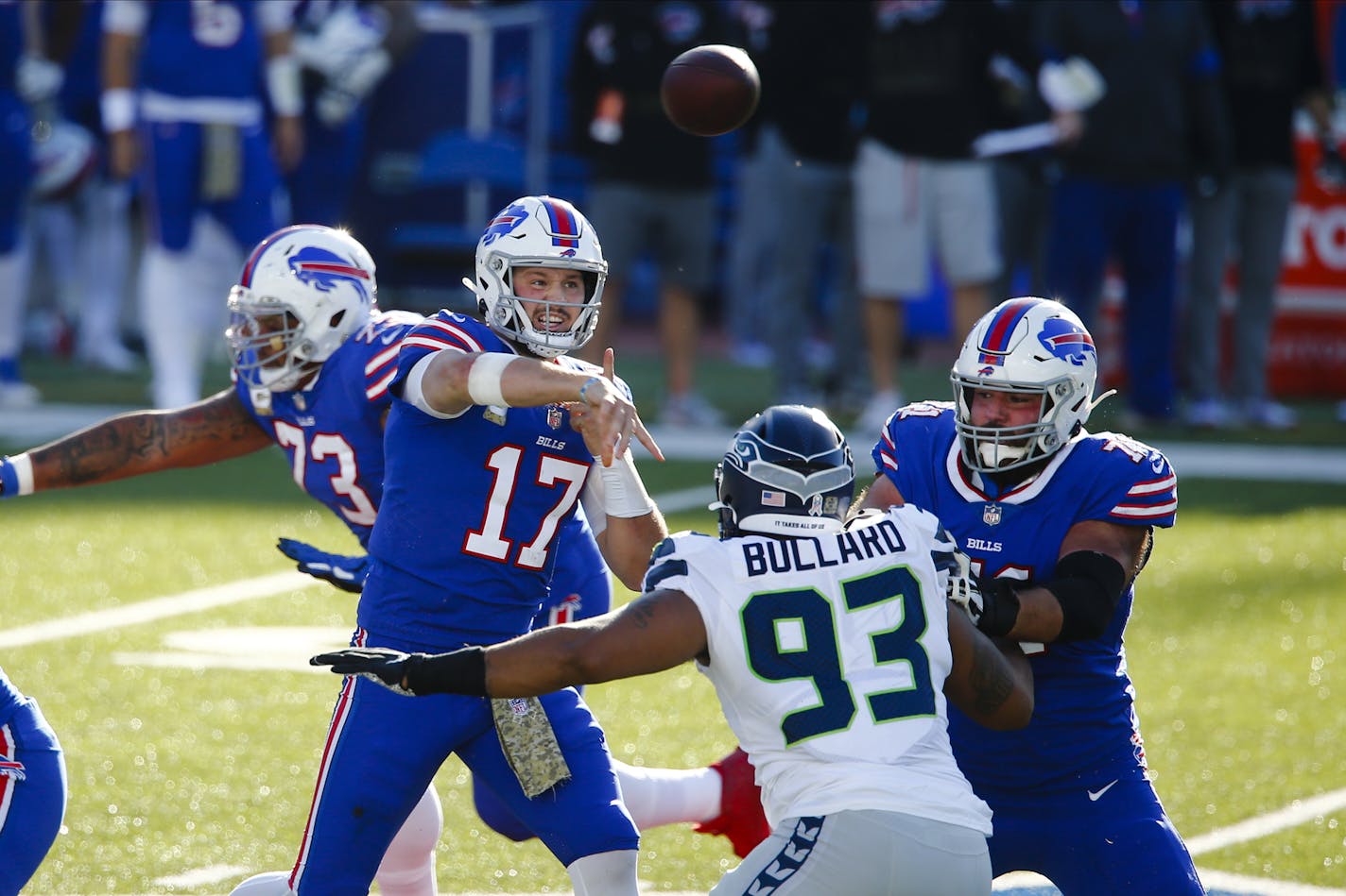 Buffalo Bills quarterback Josh Allen (17) throws a pass during the first half of an NFL football game against the Seattle Seahawks Sunday, Nov. 8, 2020, in Orchard Park, N.Y. (AP Photo/John Munson)