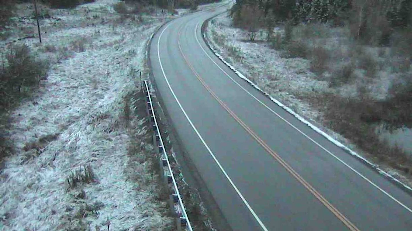 Snow flew in Northern Minnesota on Oct. 7, 2016. This was the scene recorded by a traffic camera earlier on Highway 1 in Ely, Minn.