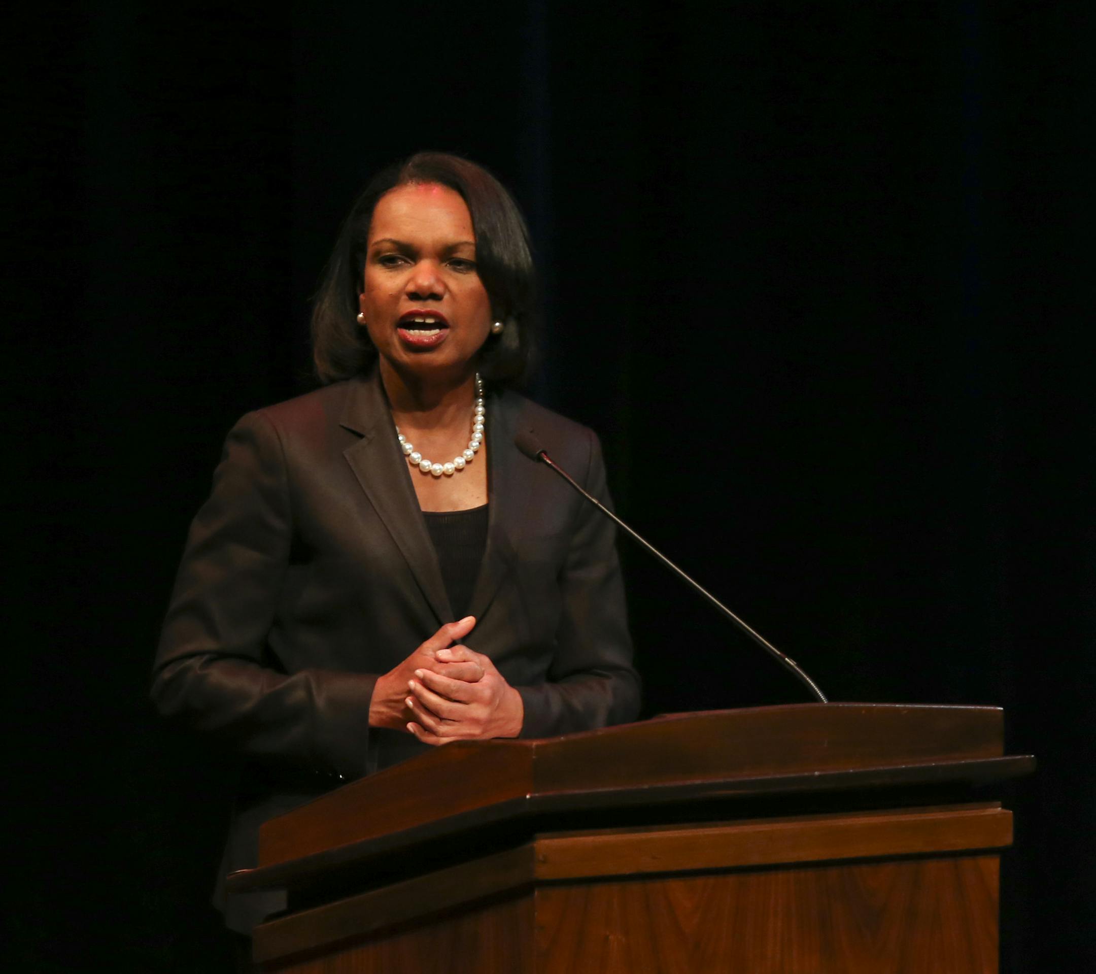 Condoleezza Rice early in her speech Thursday evening at Northrop Auditorium. ] JEFF WHEELER ‚Ä¢ jeff.wheeler@startribune.com Former Secretary of State Condoleezza Rice delivered a speech on civil rights progress as part of the Distinguished Carlson Lecture Series at Northrop Auditorium Thursday evening, April 17, 2014 on the University of Minnesota campus in Minneapolis.