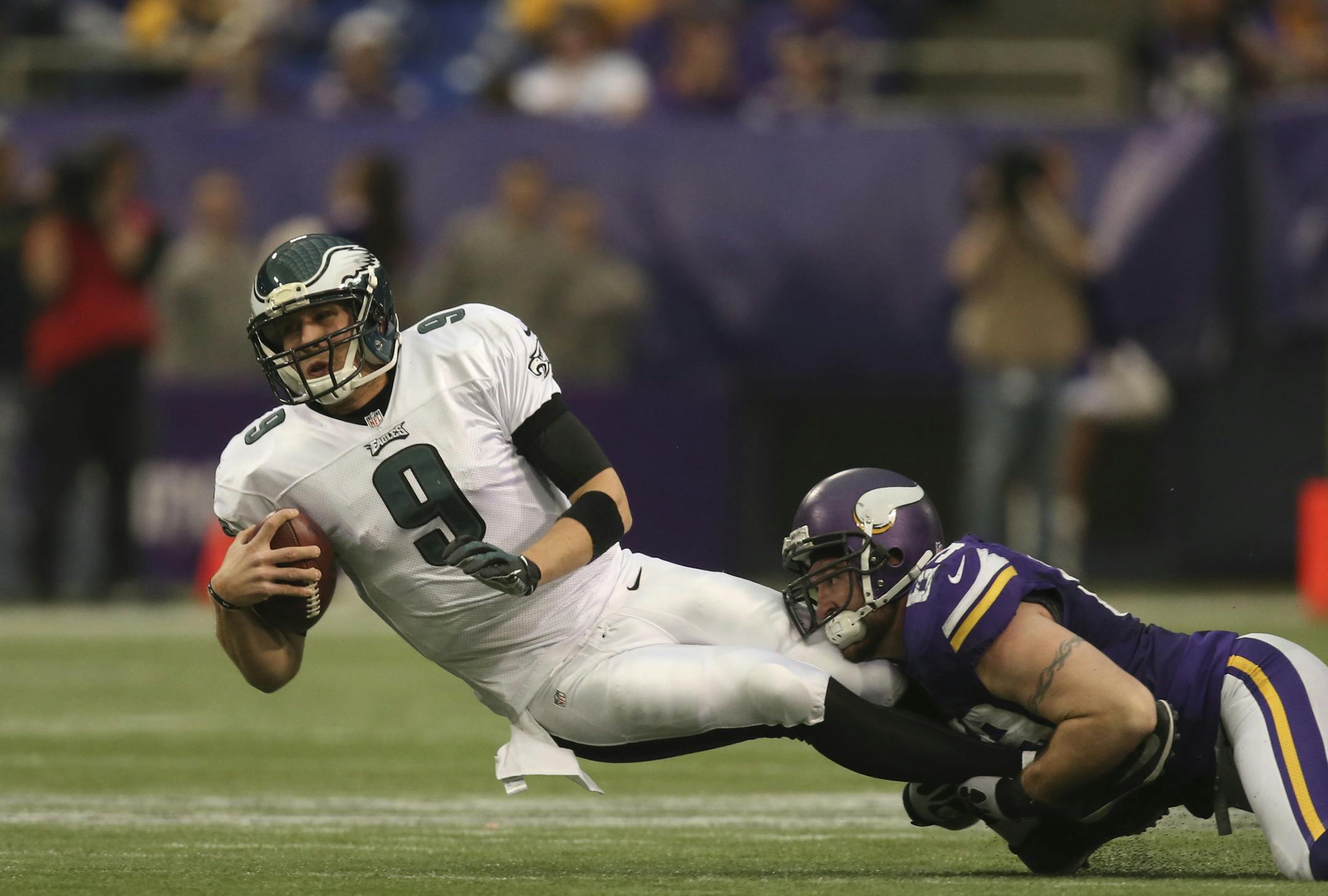The Minnesota Vikings beat the Philadelphia Eagles 48 - 30 in an NFL football game Sunday afternoon, December 15, 2013 at Mall of America Field in Minneapolis. Minnesota Vikings defensive end Jared Allen (69) sacked Philadelphia Eagles quarterback Nick Foles (9) for a 10 yard loss in the fourth quarter. ] JEFF WHEELER &#x201a;&#xc4;&#xa2; jeff.wheeler@startribune.com