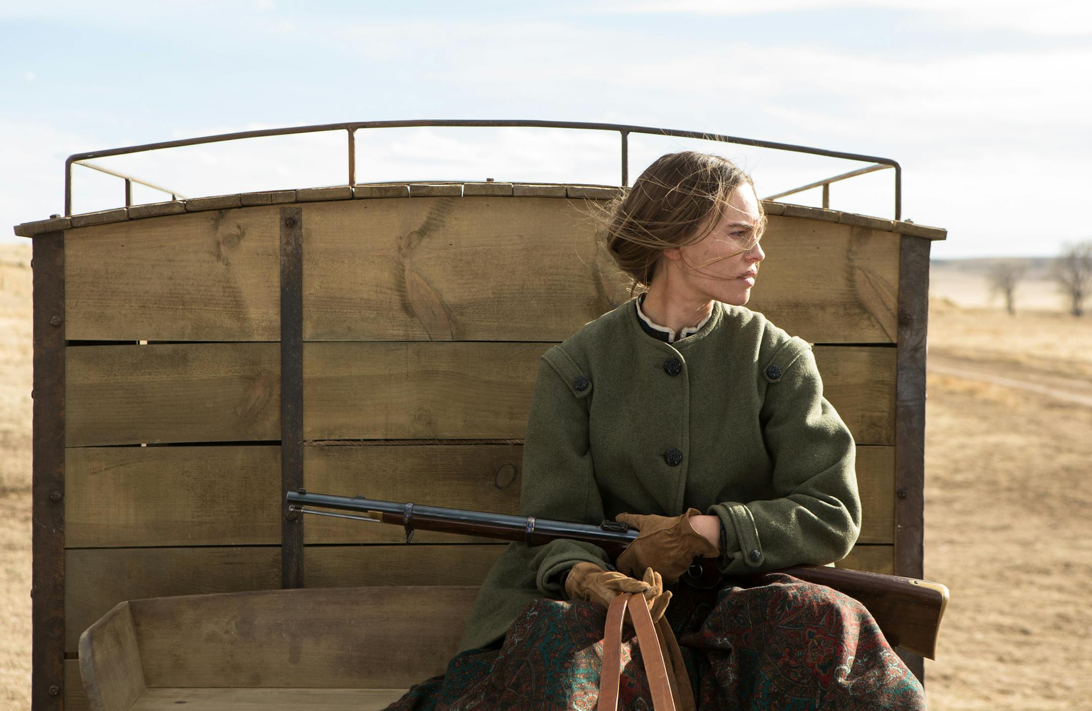 This image released by Roadside Attractions shows Hilary Swank in a scene from "The Homesman." (AP Photo/Roadside Attractions, Dawn Jones)