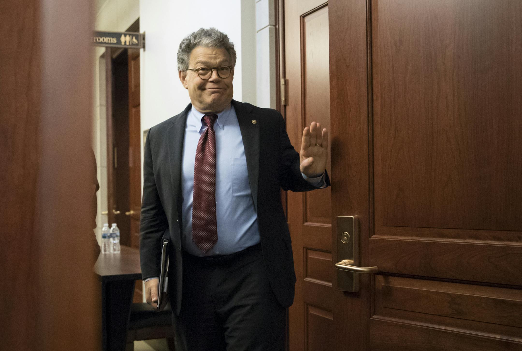 Senate Judiciary Committee member Sen. Al Franken, D-Minn., leaves a closed-door meeting as Donald Trump Jr., is interviewed by committee staff investigating the meddling and possible Russian links to President Donald Trump's 2016 presidential campaign, at the Capitol in Washington, Thursday, Sept. 7, 2017. Trump Jr. released a series of emails in July that detailed preparations for a June 2016 meeting with a Russian lawyer and others where he was expecting to get damaging information about Demo