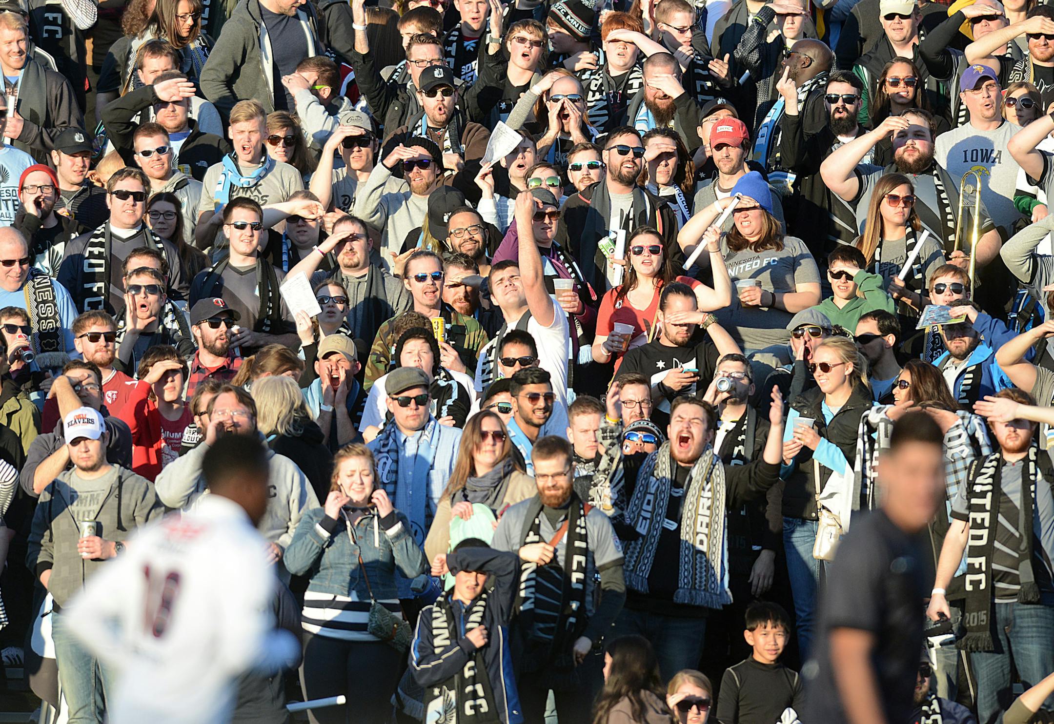 Fans react to call during the first half.] BRIDGET BENNETT SPECIAL TO THE STAR TRIBUNE • bridget.bennett@startibune.com United home-opener against San Antonio April 25, 2015 at National Sports Center in Blaine, MN. The final score was a tie 2-2