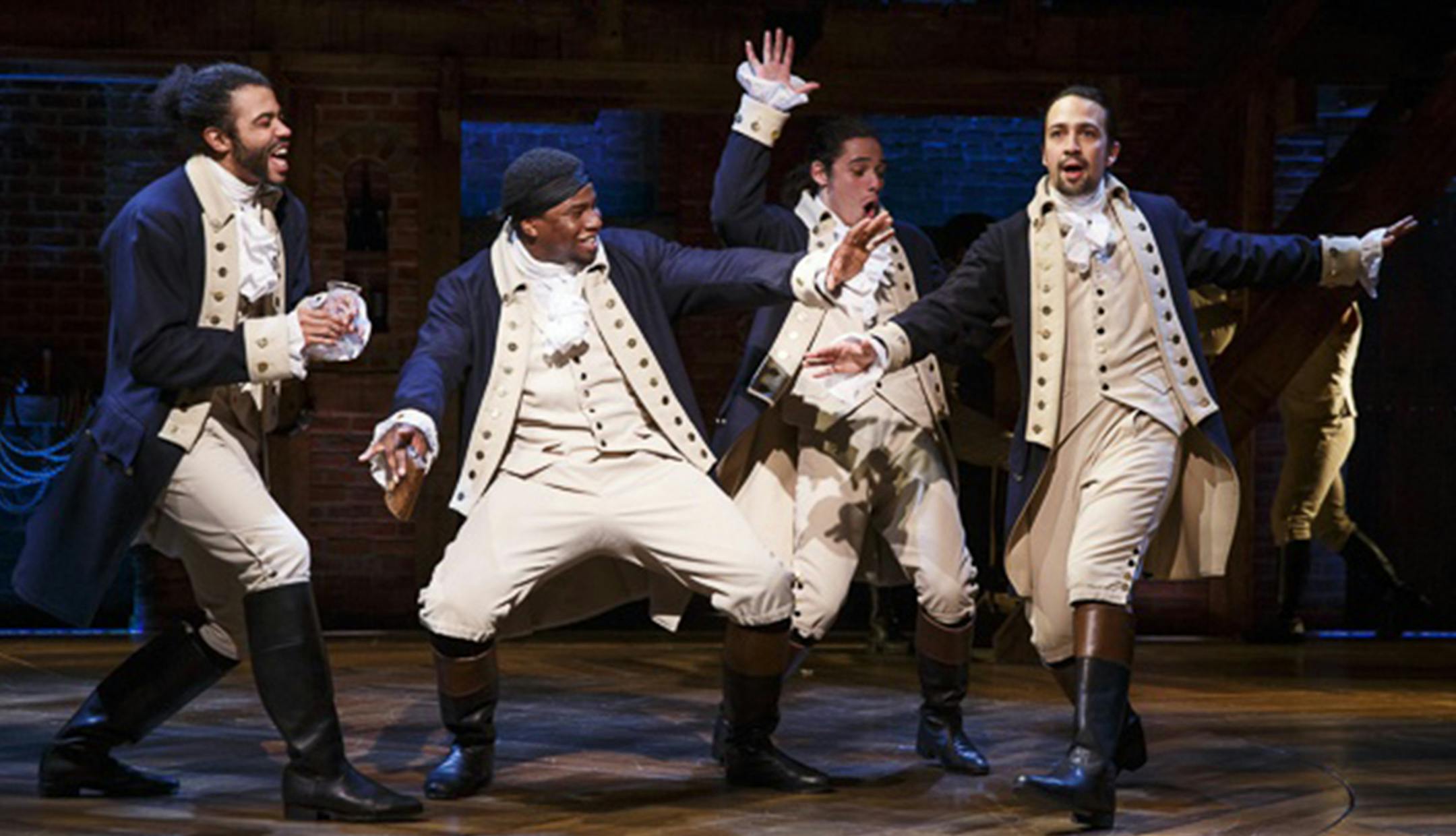 Daveed Diggs as Marquis de Lafayette, Okieriete Onaodowan as Hercules Mulligan, Anthony Ramos as John Laurens and Lin-Manuel Miranda as Alexander Hamilton in "Hamilton." (Joan Marcus)