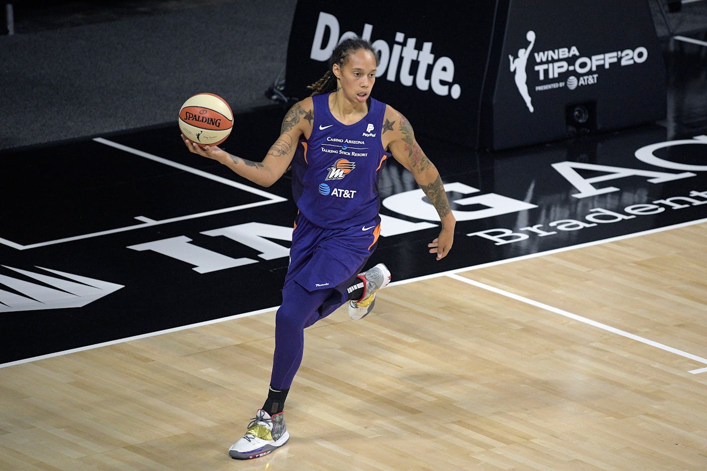 Phoenix Mercury center Brittney Griner grabs a rebound during the second half of a WNBA basketball game against the Los Angeles Sparks, Saturday, July 25, 2020, in Bradenton, Fla. (AP Photo/Phelan M. Ebenhack)