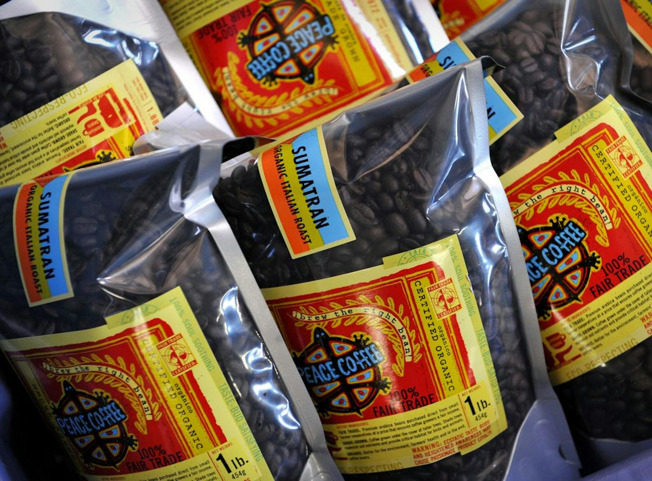 Peace Coffee Sumatran organic Italian roast coffee.