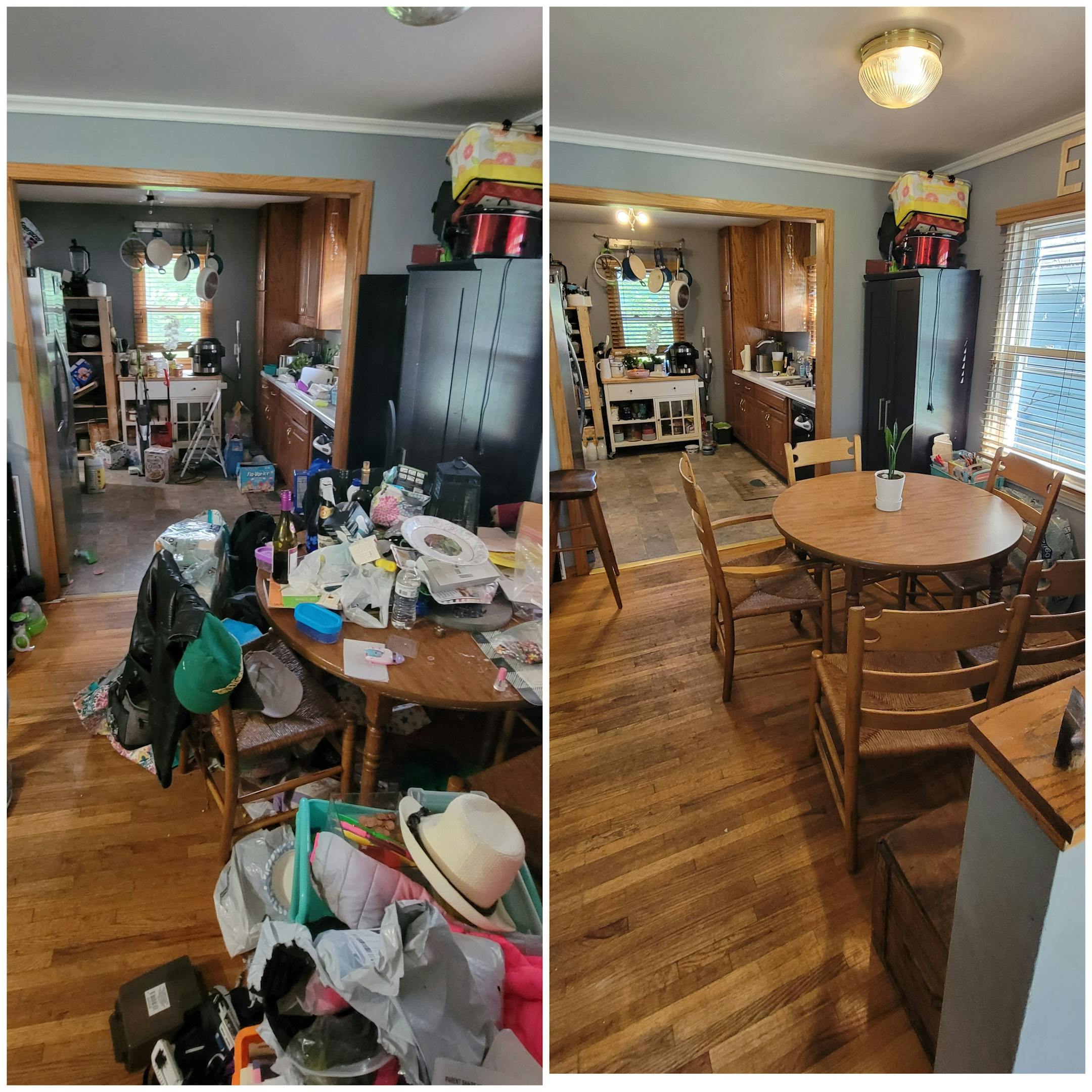 A picture on the left shows a disheveled dining area and kitchen; the dining table and chairs are spilling over with items.  Picture on the right shows the same rooms are now immaculate.