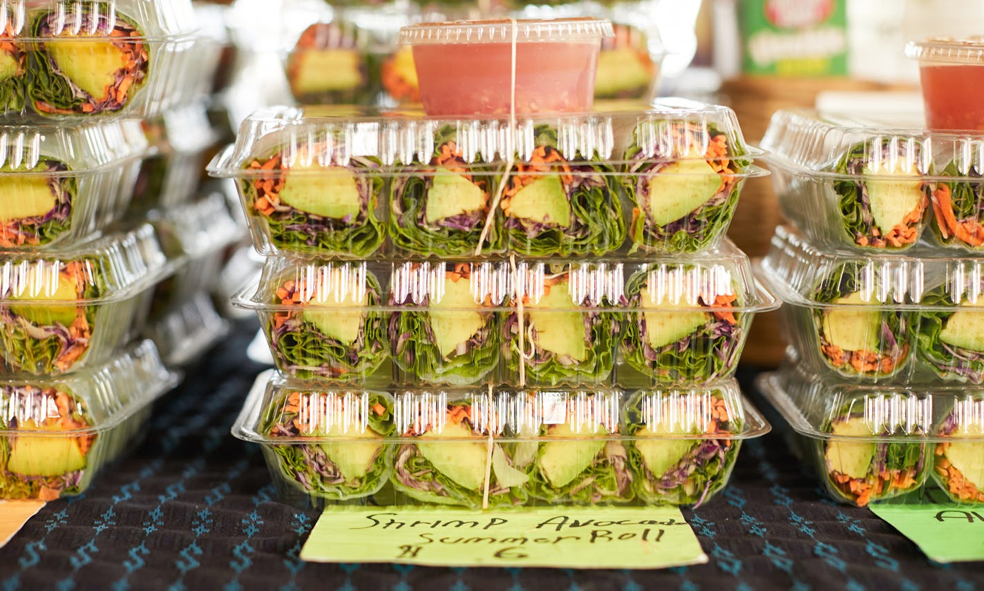 Stacks of wraps at Hilo Farmers Market, on the island of Hawaii. Photo by Daeja Fallas, Hawaii Tourism Authority