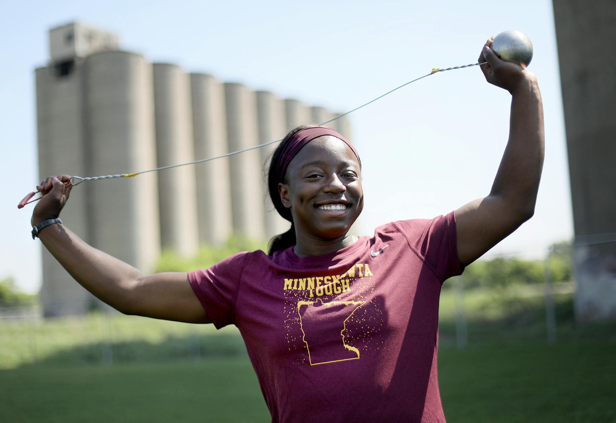 University of Minnesota womens track and field athlete Temi Ogunrinde will be competing in the hammer throw at the NCAA Championships . She was a sprinter in high school who made the transition to throwing events. She just graduated from the Carlson School and will be working a graduate degree in public policy. Here, Ogunrinde poses for a photo before Gophers practice near TCF Bank Stadium at the University of Minnesota Thursday, May 31, 2018, in Minneapolis, MN.] DAVID JOLES &#xef; david.joles@