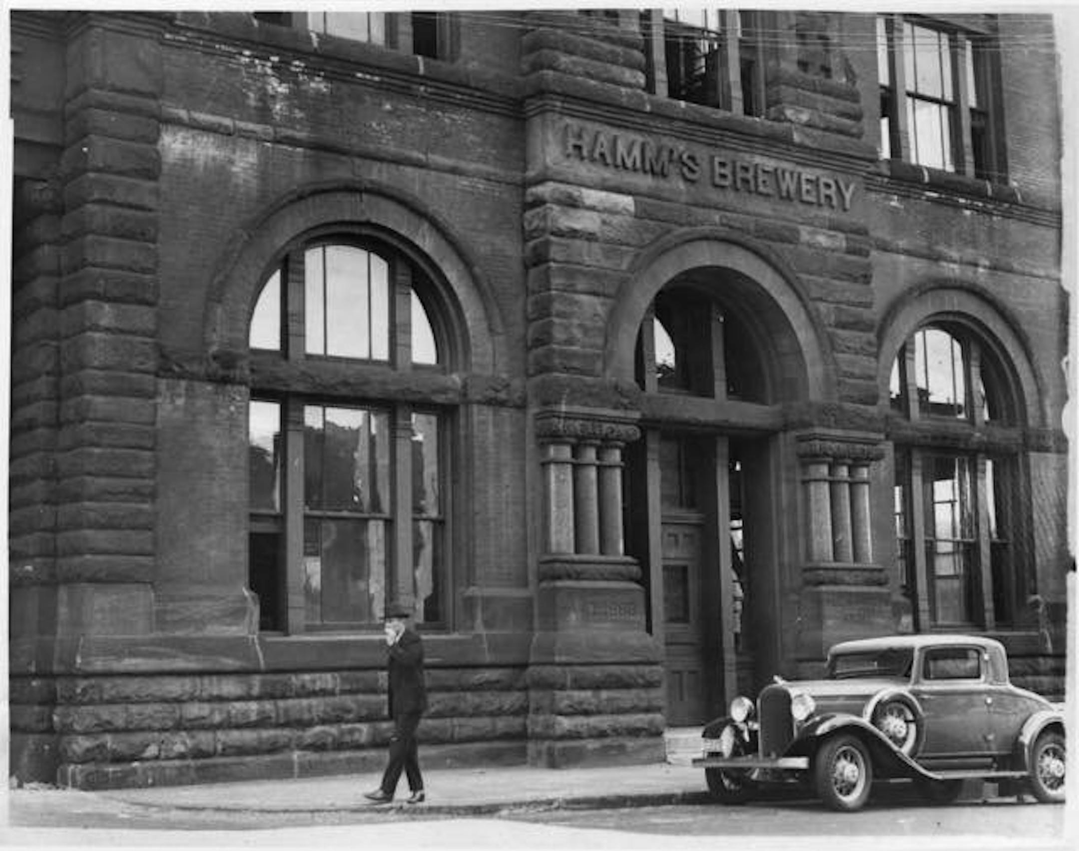 Facade of the Hamm's brewhouse, with its elaborate stonework, 1935