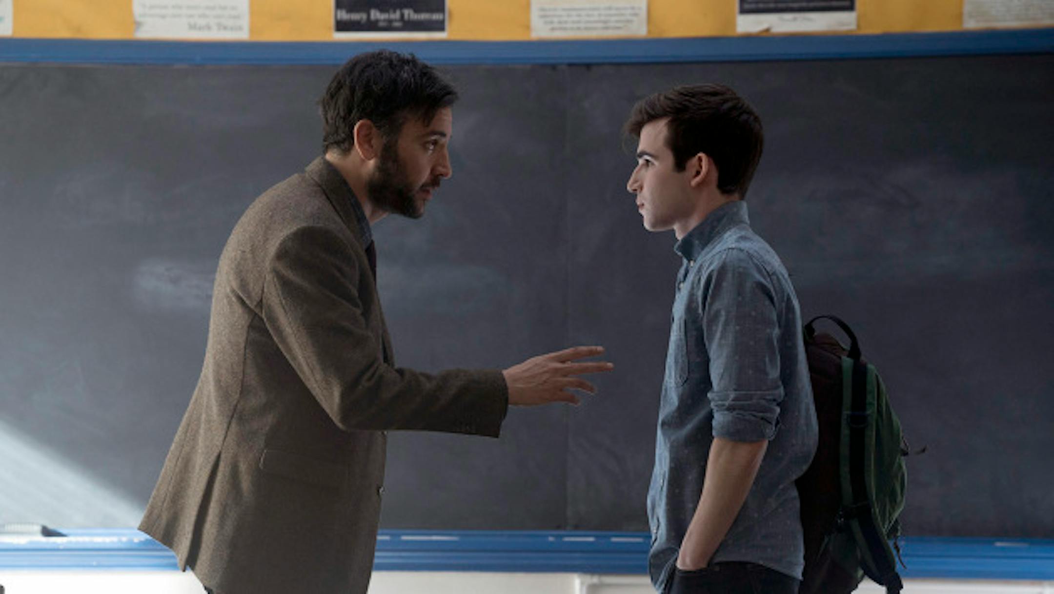 RISE -- "Pilot" Episode 101 -- Pictured: (l-r) Josh Radnor as Lou Mazzuchelli, Ted Sutherland as Simon Saunders -- (Photo by: Peter Kramer/NBC)