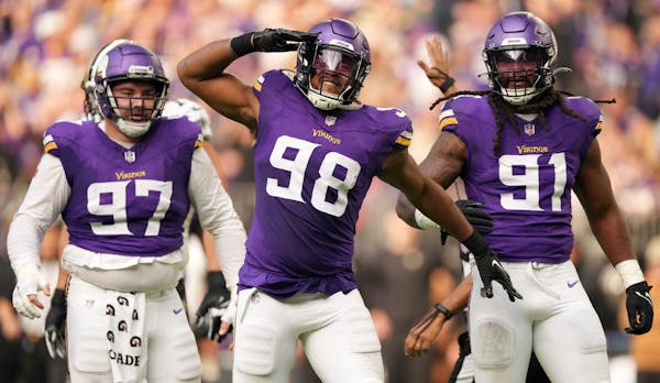 Outside linebacker D.J. Wonnum (98) has been solid in place of the injured Marcus Davenport as the Vikings moved into playoff contention. 