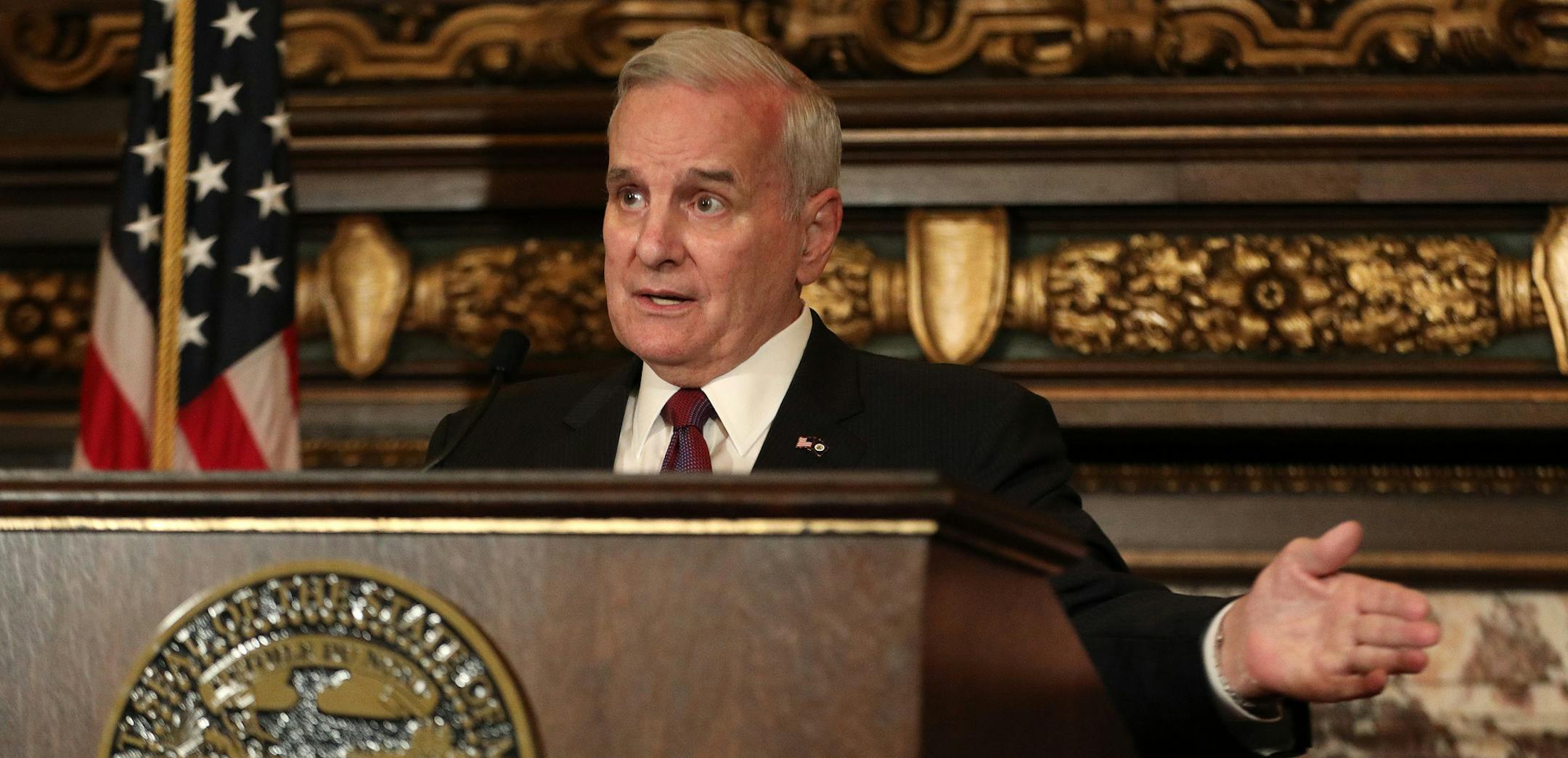 Gov. Mark Dayton spoke from the podium during Wednesday's press conference. ] ANTHONY SOUFFLE ï anthony.souffle@startribune.com Gov. Mark Dayton gave a press conference to announce he has signed Omnibus Bonding Bill into law while exercising his line item veto authority to veto a $1 million grant included within Wednesday, May 30, 2018 at the State Capitol Building in St. Paul, Minn.