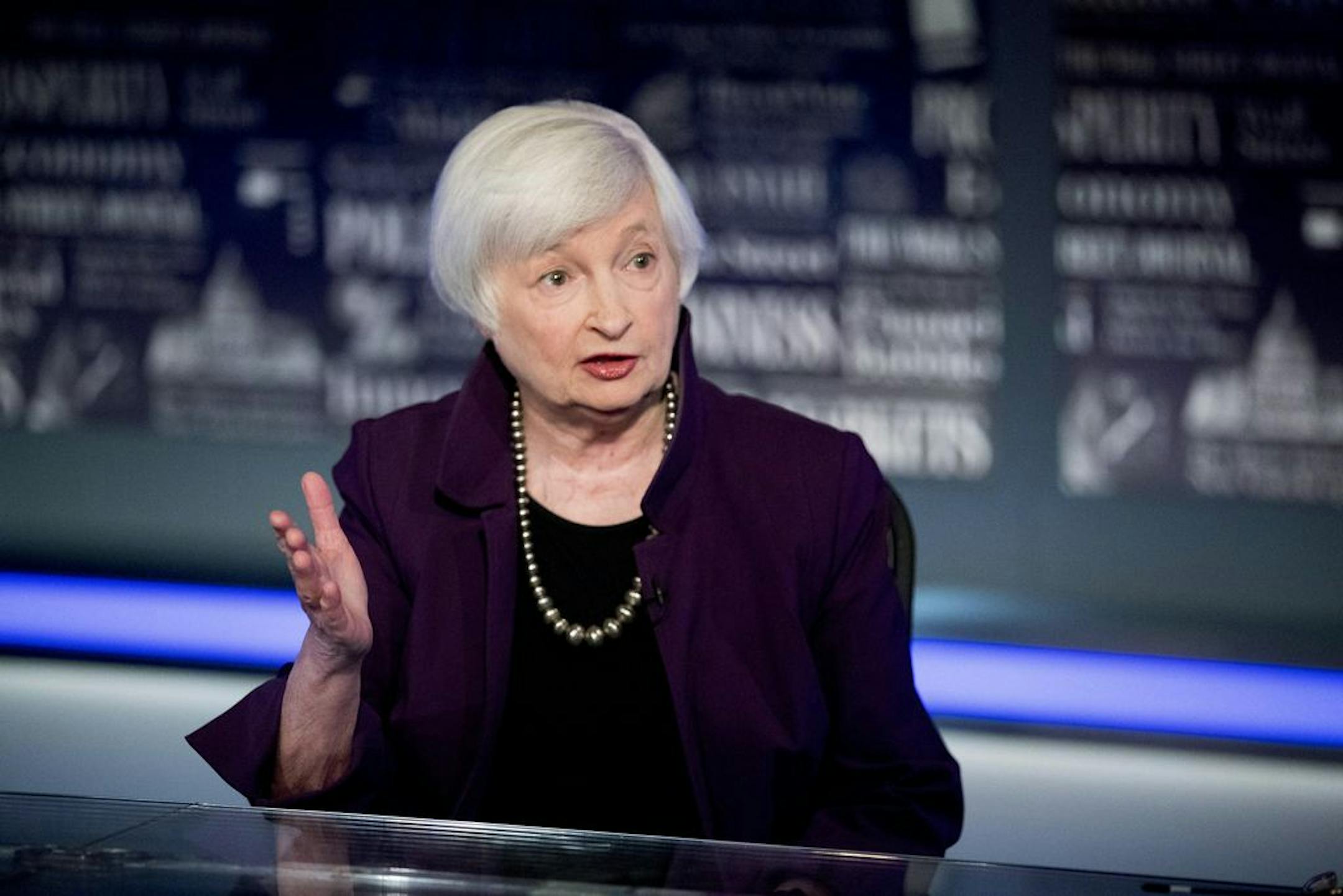 FILE - In this Aug. 14, 2019, file photo, former Fed Chair Janet Yellen speaks with Fox Business Network guest anchor Jon Hilsenrath in the Fox Washington bureau in Washington. President-elect Joe Biden is expected to name several of his most senior economic advisers in the coming days. Yellen could be one of those named.