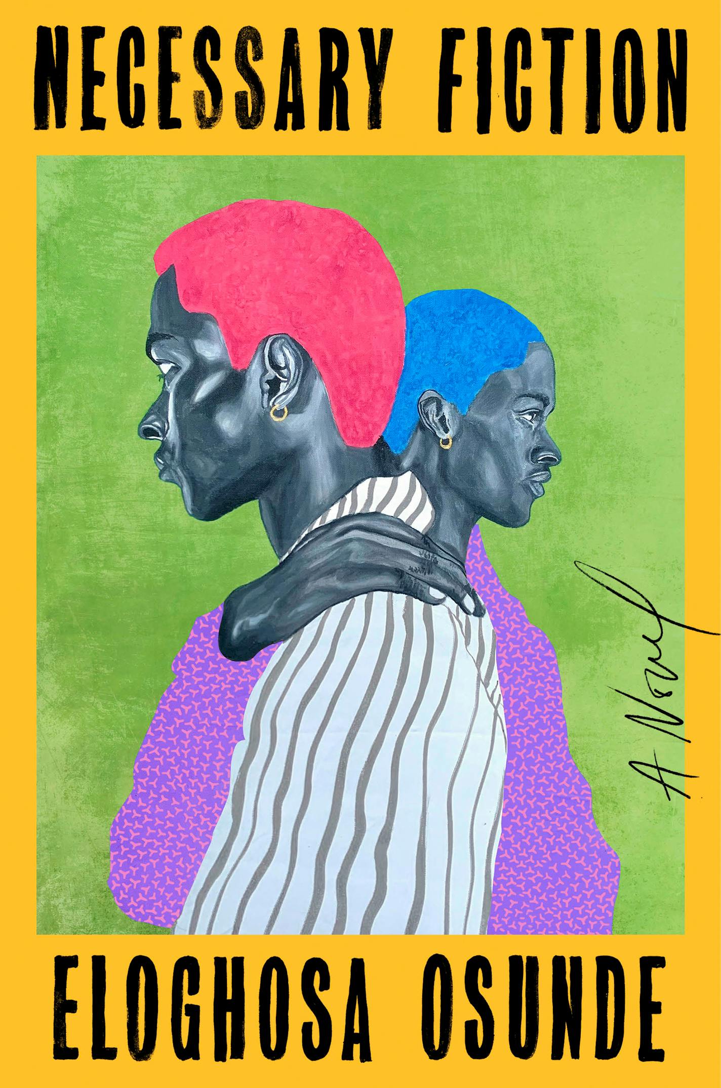 yellow cover of Necessary Fiction features silhouettes of two Black people, looking in opposite directions
