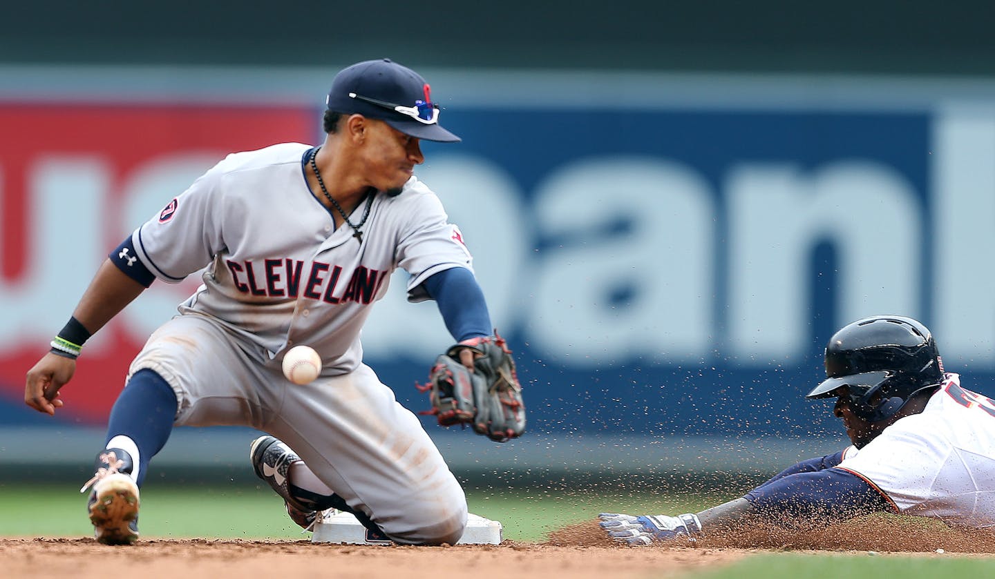 Twins Miguel Sano stole second base on Cleveland's short stop Francisco Lindor in the sixth inning .The Twins beat the Cleveland Indians 4-1 at Target Field Sunday August 16, 2015 in Minneapolis, MN. ] Jerry Holt/ Jerry.Holt@Startribune.com