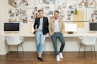As seen on HGTV's Starting Over with Nate and Jeremiah, Jeremiah Brent and Nate Berkus pose in the design studio. (Design Meeting)