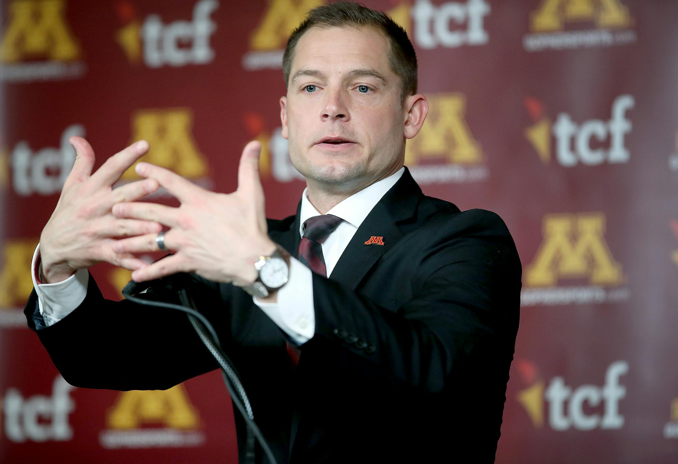 Minnesota's Head Coach P.J. Fleck addressed the media regarding his recruits during National Signing Day, at TCF Bank Stadium, Wednesday, February 1, 2017 in Minneapolis, MN. ] (ELIZABETH FLORES/STAR TRIBUNE) ELIZABETH FLORES &#x2022; eflores@startribune.com
