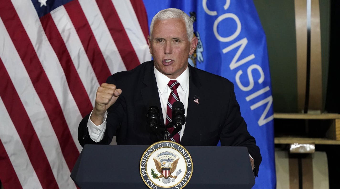 Vice President Mike Pence speaks at the Tankcraft Corporation Wednesday, Aug. 19, 2020, in Darien, Wis. (AP Photo/Morry Gash)