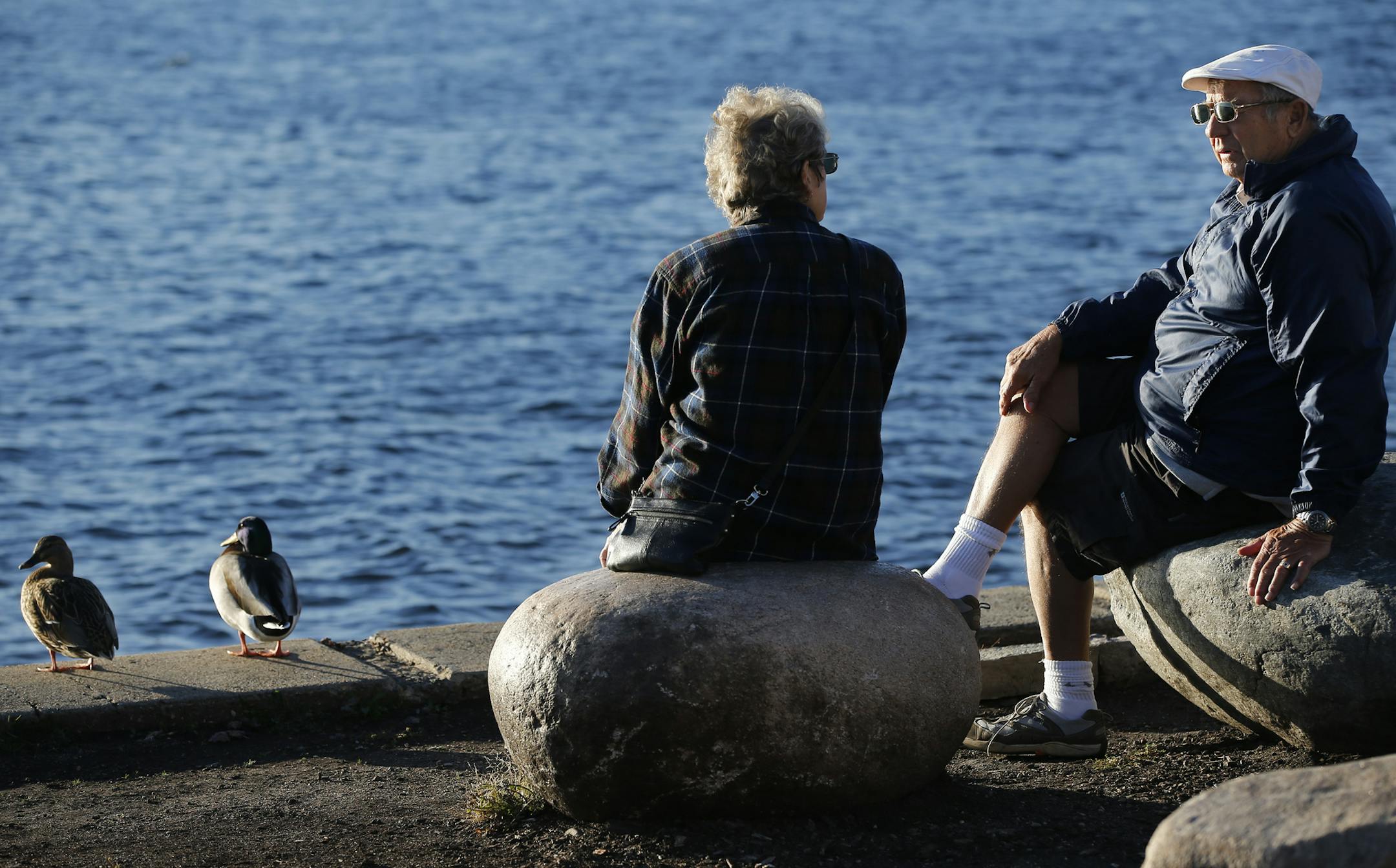 On Lake Calhoun, Roger Guzek, far right, enjoyed the company of friend Doris(last name withheld) and a couple mallard ducks. as well as the unseasonably warm weather. Guzek love the sun and likes to wear shorts as long as possible into fall.]Richard Tsong-Taatarii/rtsong-taatarii@startribune.com