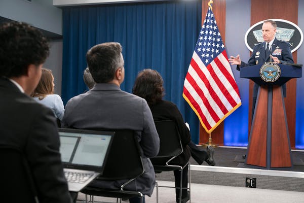 Pentagon Press Secretary Maj. Gen. Pat Ryder, right, speaks during a press briefing on Tuesday, April 23, 2024 at the Pentagon in Washington.