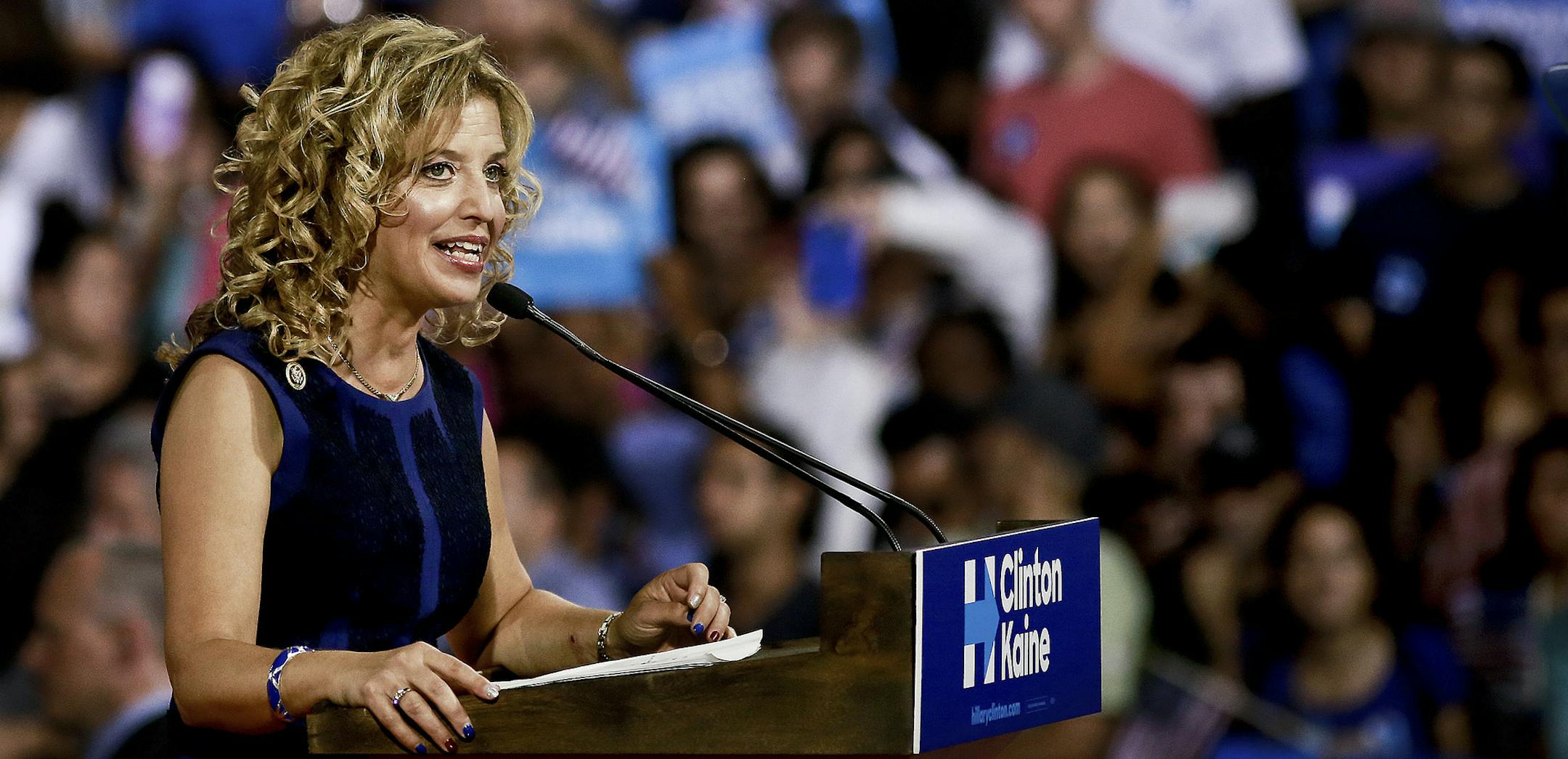 Debbie Wasserman Schultz, the Democratic National Committee chairwoman, speaks at a a campaign event for Hillary Clinton at Florida International University in Miami, July 23, 2016. Some prominent Democrats are calling for Wasserman Schultz to step down in the wake of emails revealing the partyís attempts to undermine Bernie Sandersís presidential bid. (Scott McIntyre/The New York Times)