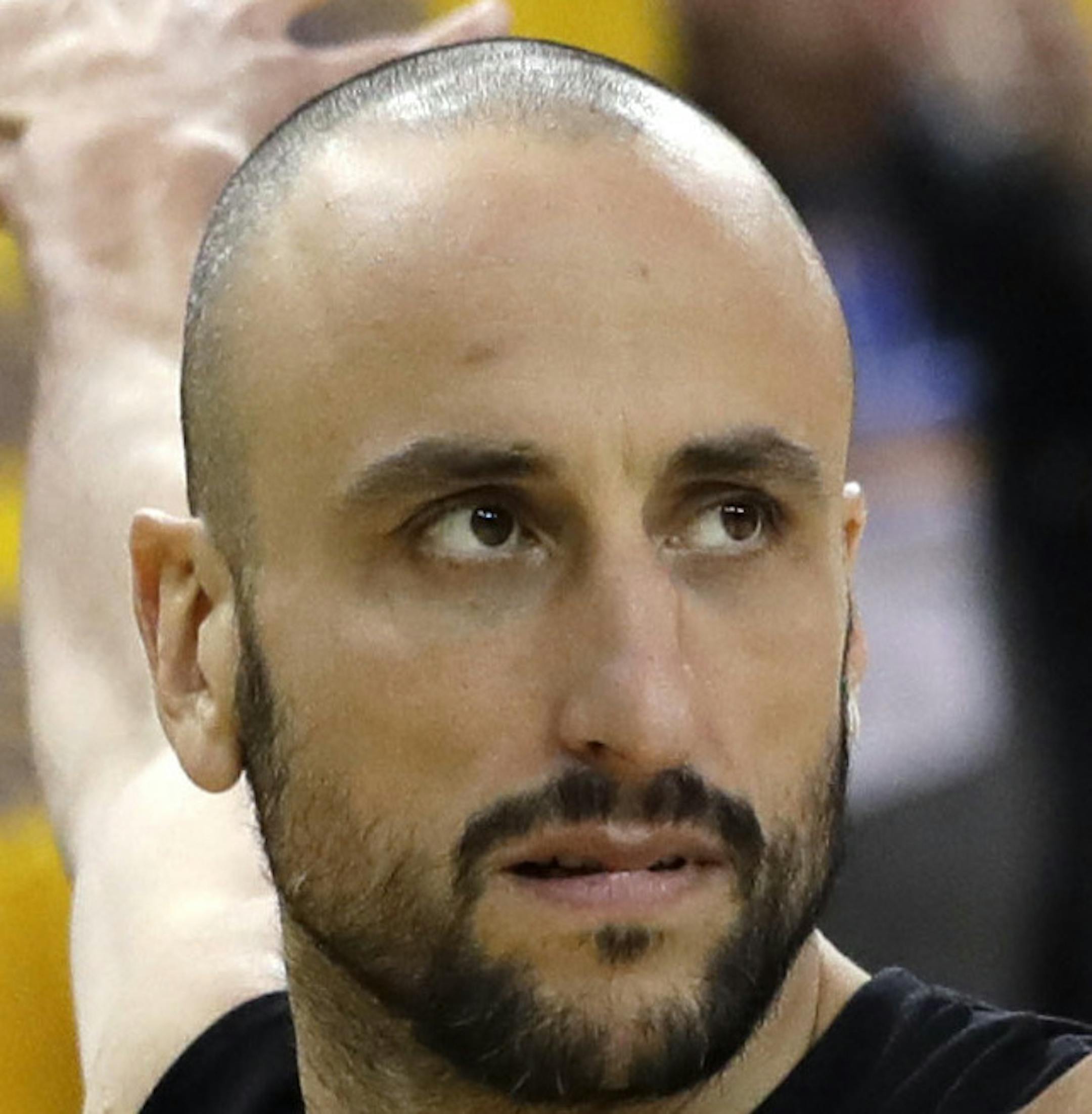 San Antonio Spurs' Manu Ginobili warms up for Game 2 of the NBA basketball team's Western Conference final against the Golden State Warriors, Tuesday, May 16, 2017, in Oakland, Calif. (AP Photo/Marcio Jose Sanchez) ORG XMIT: OAS105