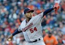 Minnesota Twins pitcher Ervin Santana (54) throws against the San Francisco Giants during the first inning of a baseball game in San Francisco, Friday