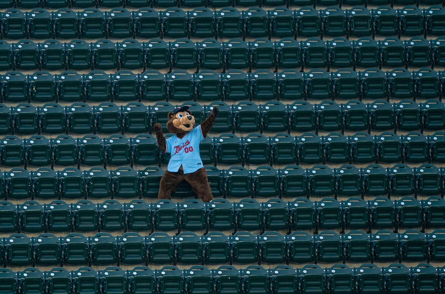 TC Bear, the Minnesota Twins mascot, roamed the empty stands during Wednesday's game. ]