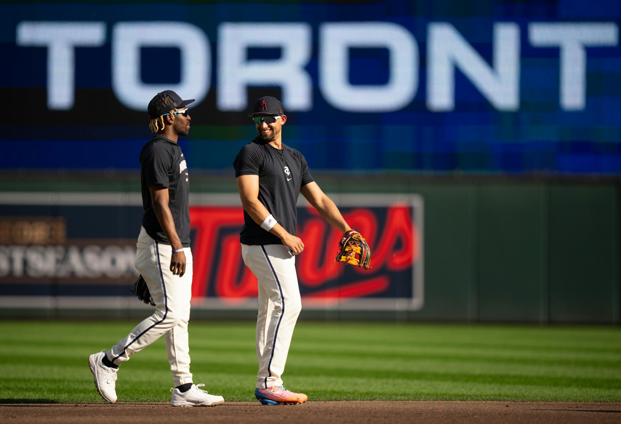 Twins players Nick Gordon, left, and Royce Lewis walked off the field after taking infield practice. The Minnesota Twins worked out at Target Field in Minneapolis Monday, October 2, 2023, the day before they face the Toronto Blue Jays in an American League Wild Card Playoff Series.