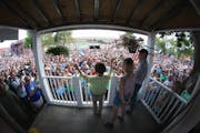 Democratic presidential candidate Sen Amy Klobuchar spoke to the crowd gathered outside her Amy for America booth at the Minnesota State Fair on openi