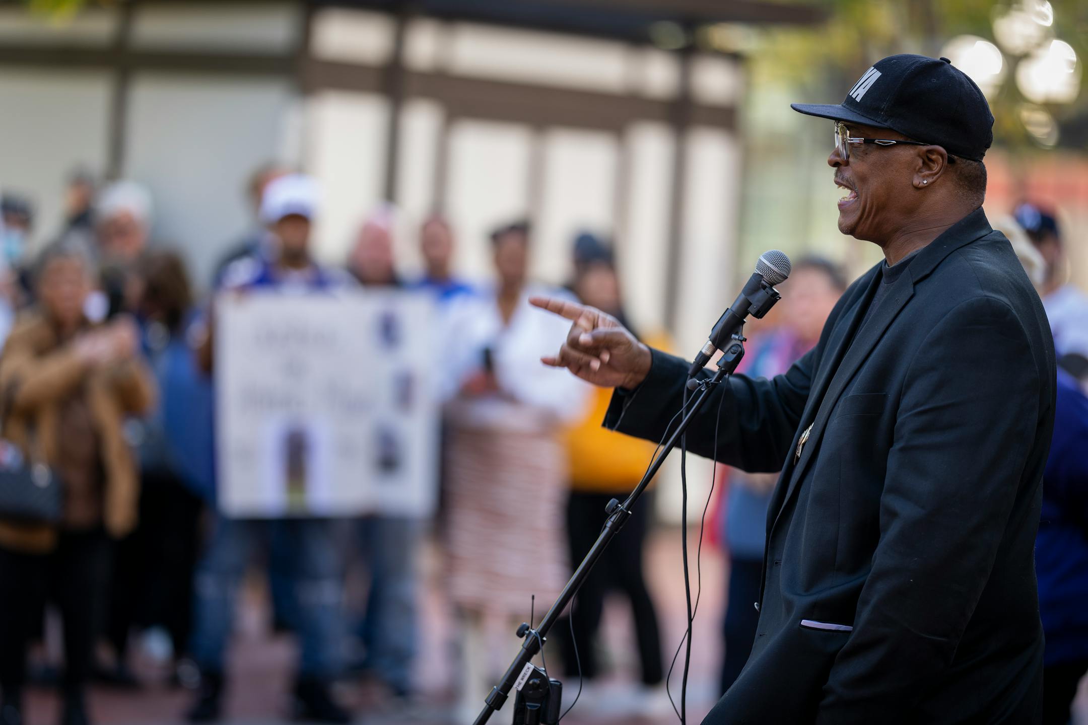 KG Wilson speaks during a rally in protest of Hennepin County Attorney Mary Moriarty. Wilson's granddaughter Aniya Allen was killed in 2021 and her killers have not been found.
