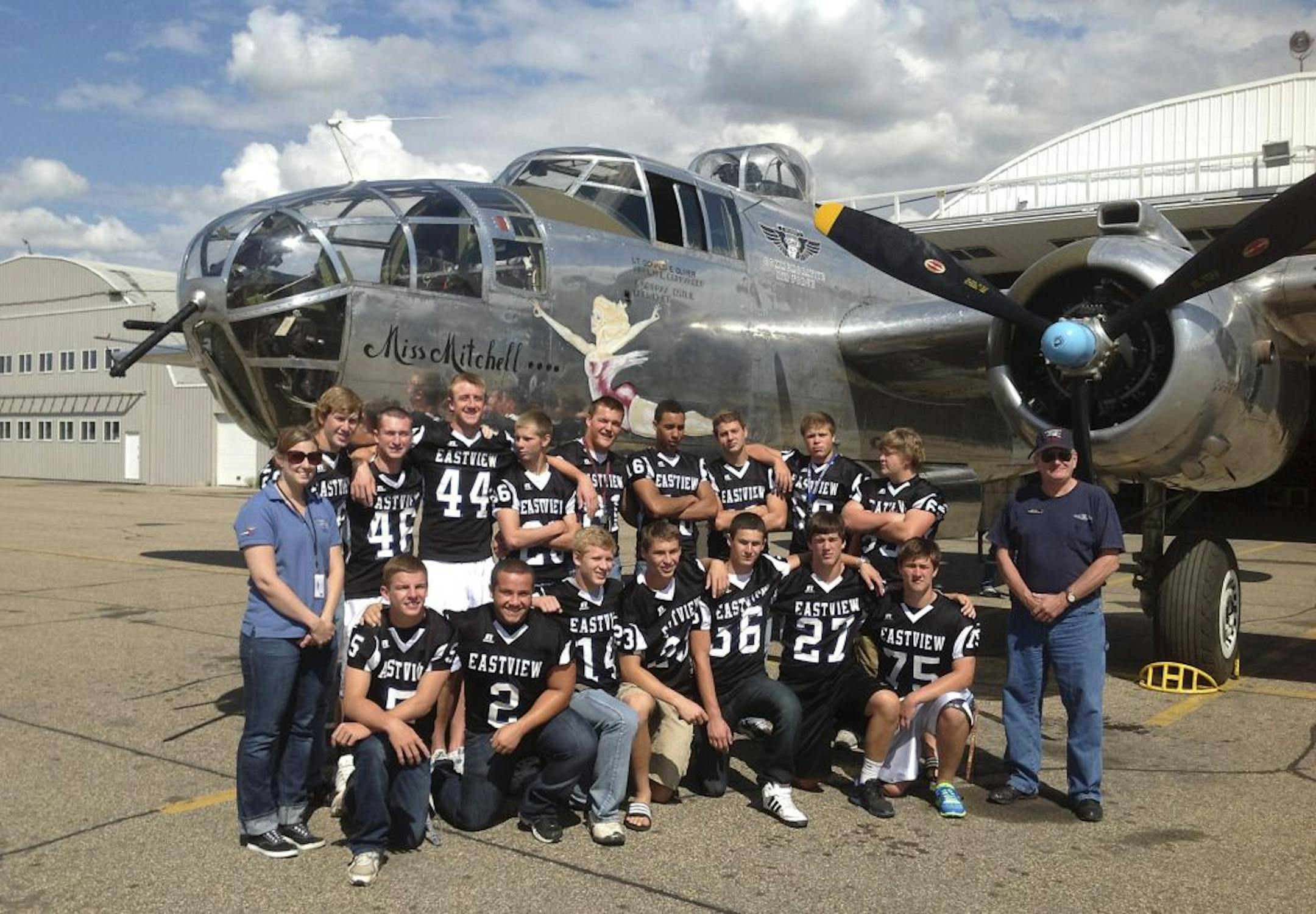 Members of the Eastview football team visited the hanger where the Commemorative Air Force, located at Fleming Field in South St. Paul, gave the players a short history lesson on their restored B-25 "Miss Mitchell" as well as a hands-on tour of the plane itself.