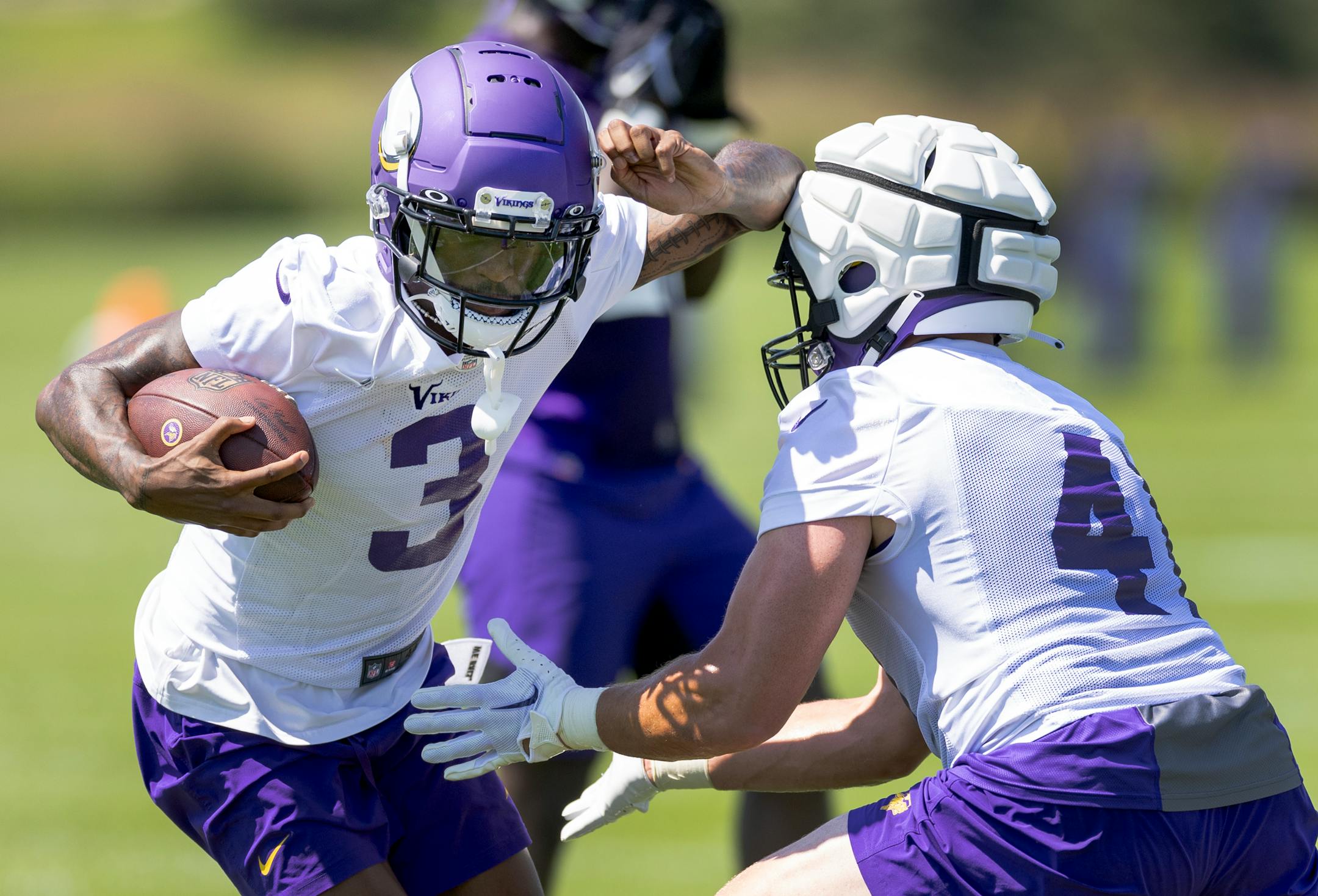 Minnesota Vikings rookie receiver Jordan Addison (3) during practice Wednesday, July 26, 2023, at TCO Performance Center in Eagan, Minn.