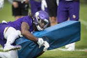 Vikings rookie running back Alexander Mattison worked on drills at TCO Performance Center Thursday July,25 2019 in Eagan, MN.