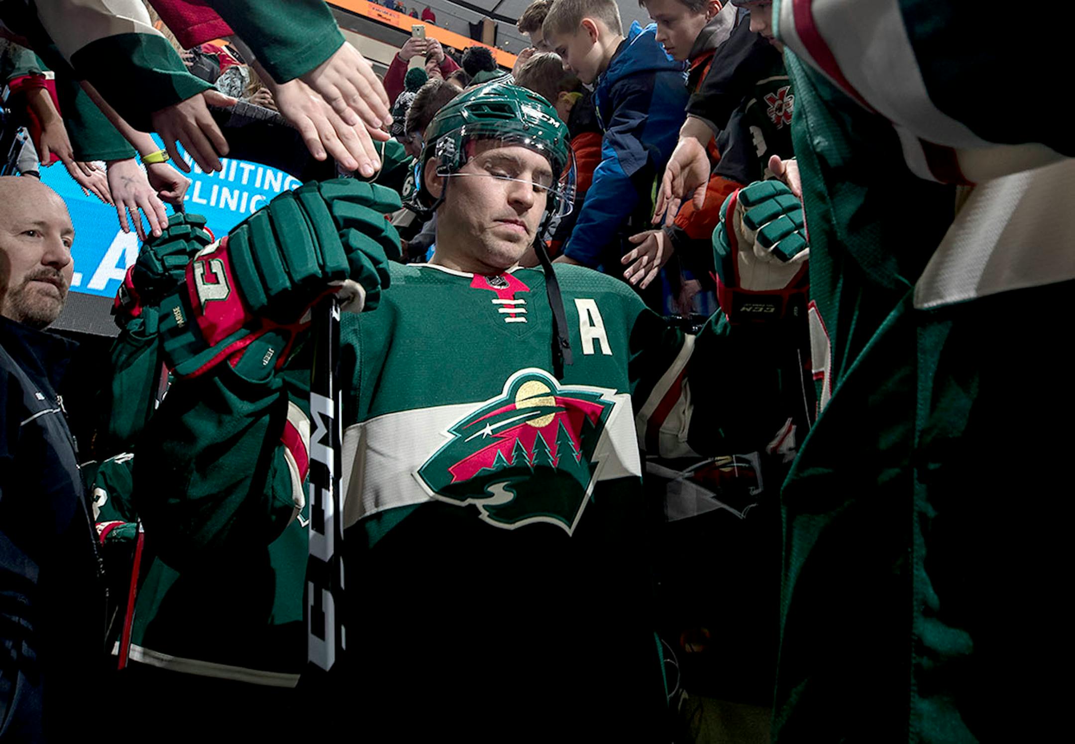 Zach Parise during the pregame warm ups. Parise is playing for the first time this season after missing 39 games due to an injury.